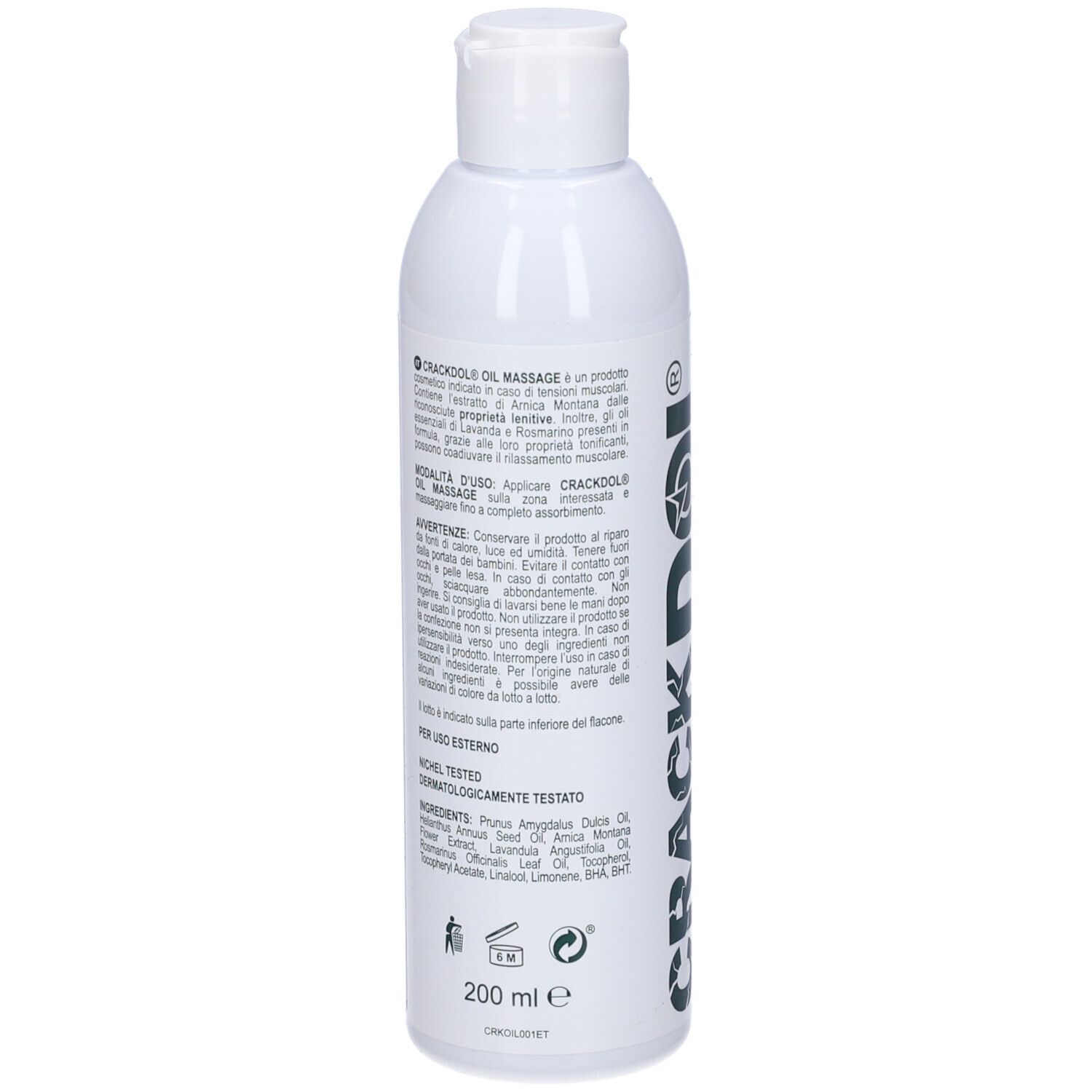 Flacone bianco, tappo bianco. Testo e informazioni sul retro. Nome del prodotto Crackdol Oil Massage.