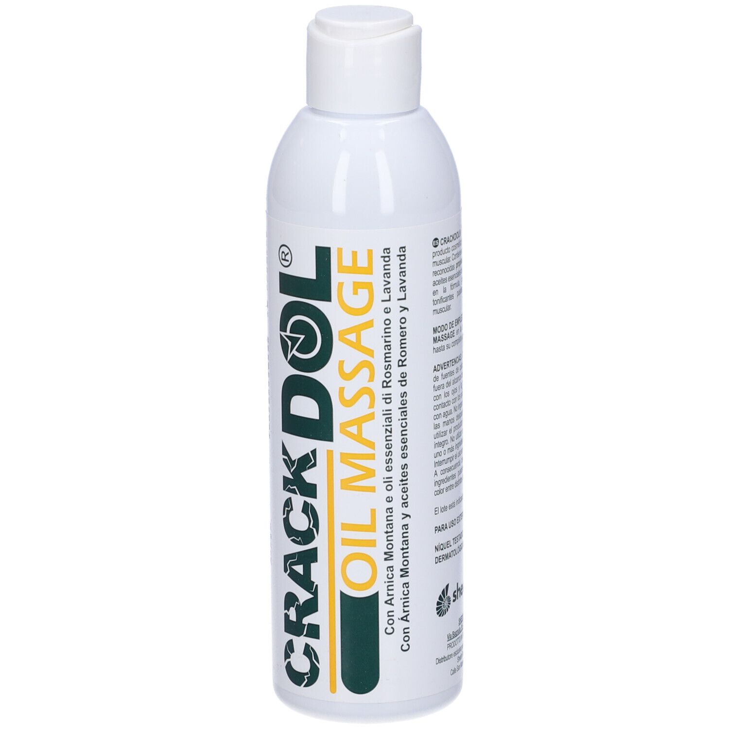 Flacone bianco, tappo bianco. Testo e informazioni sul retro. Nome del prodotto Crackdol Oil Massage.