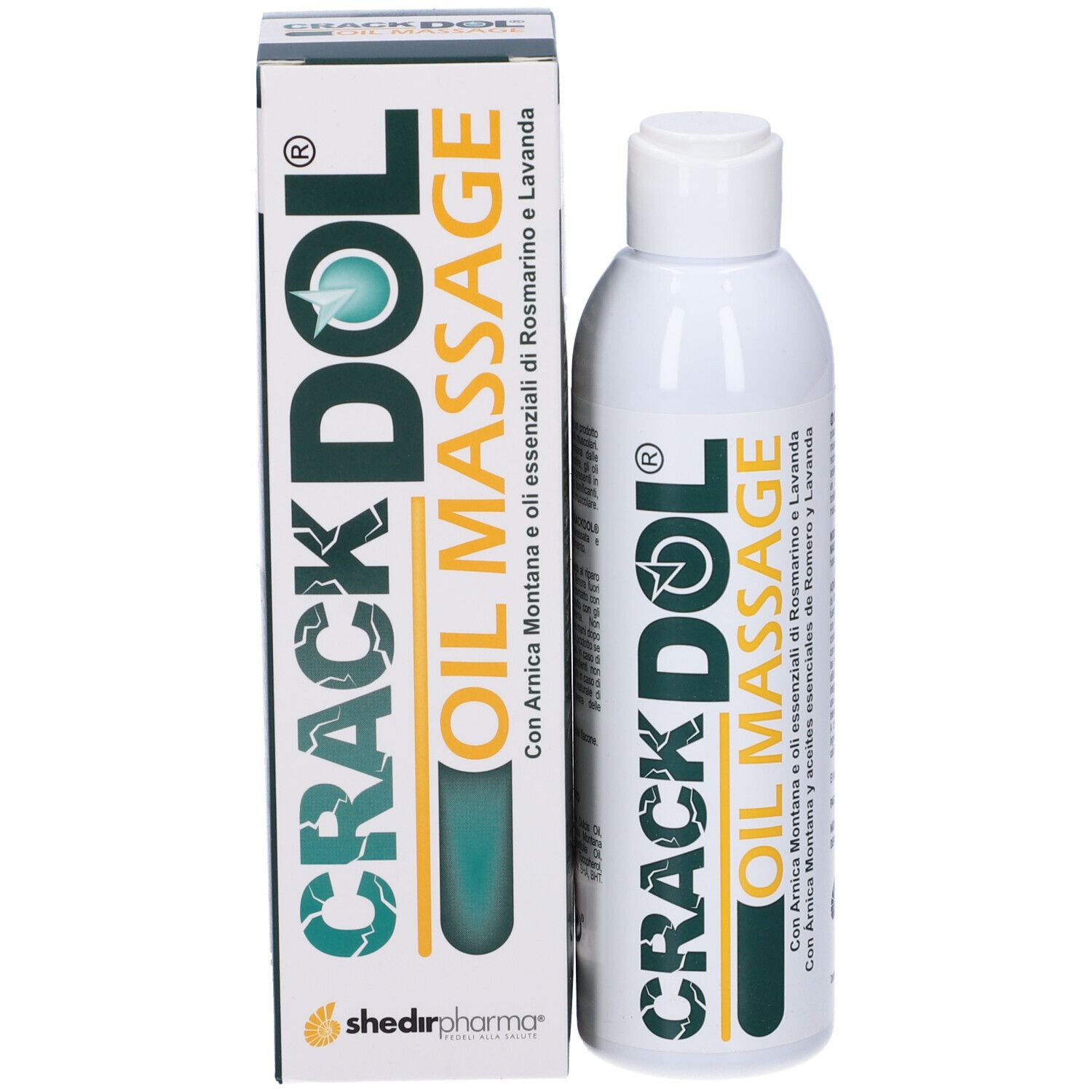Flacone bianco, tappo bianco. Scritta Crackdol Oil Massage. Design verde-giallo. Testo: Arnica, rosmarino, lavanda.