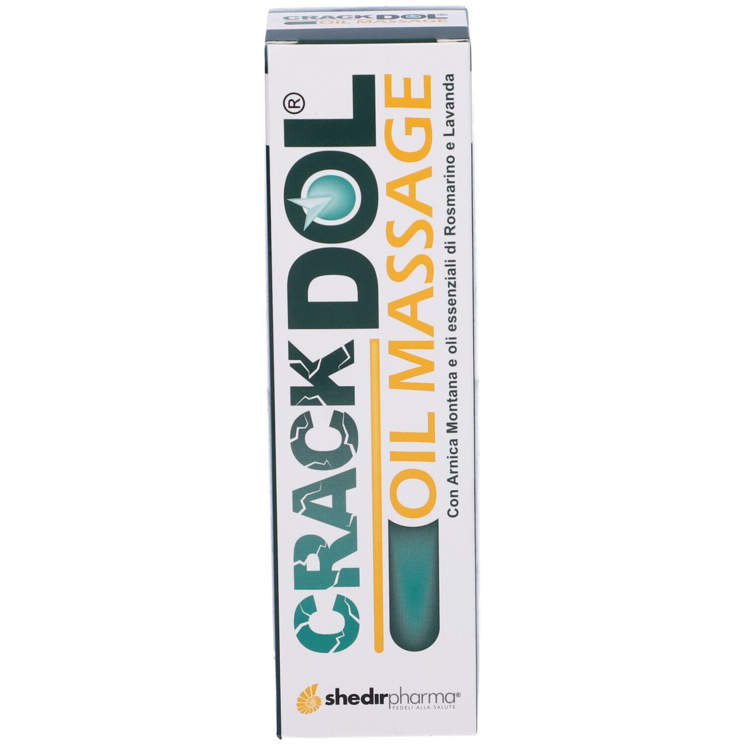 Scatola e flacone Crackdol Oil Massage. Design verde e bianco. Flacone con tappo bianco.
