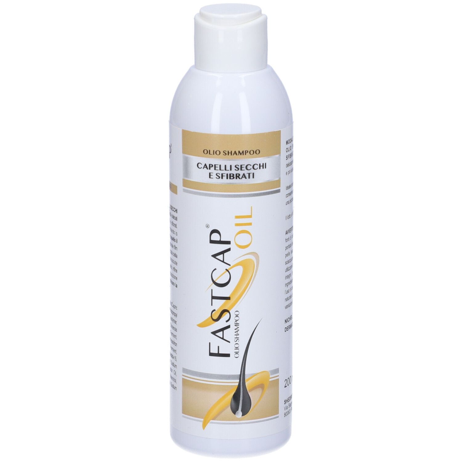 Flacone di shampoo bianco con scritta: Fastcap Oil, Capelli Secchi E Sfibrati.
