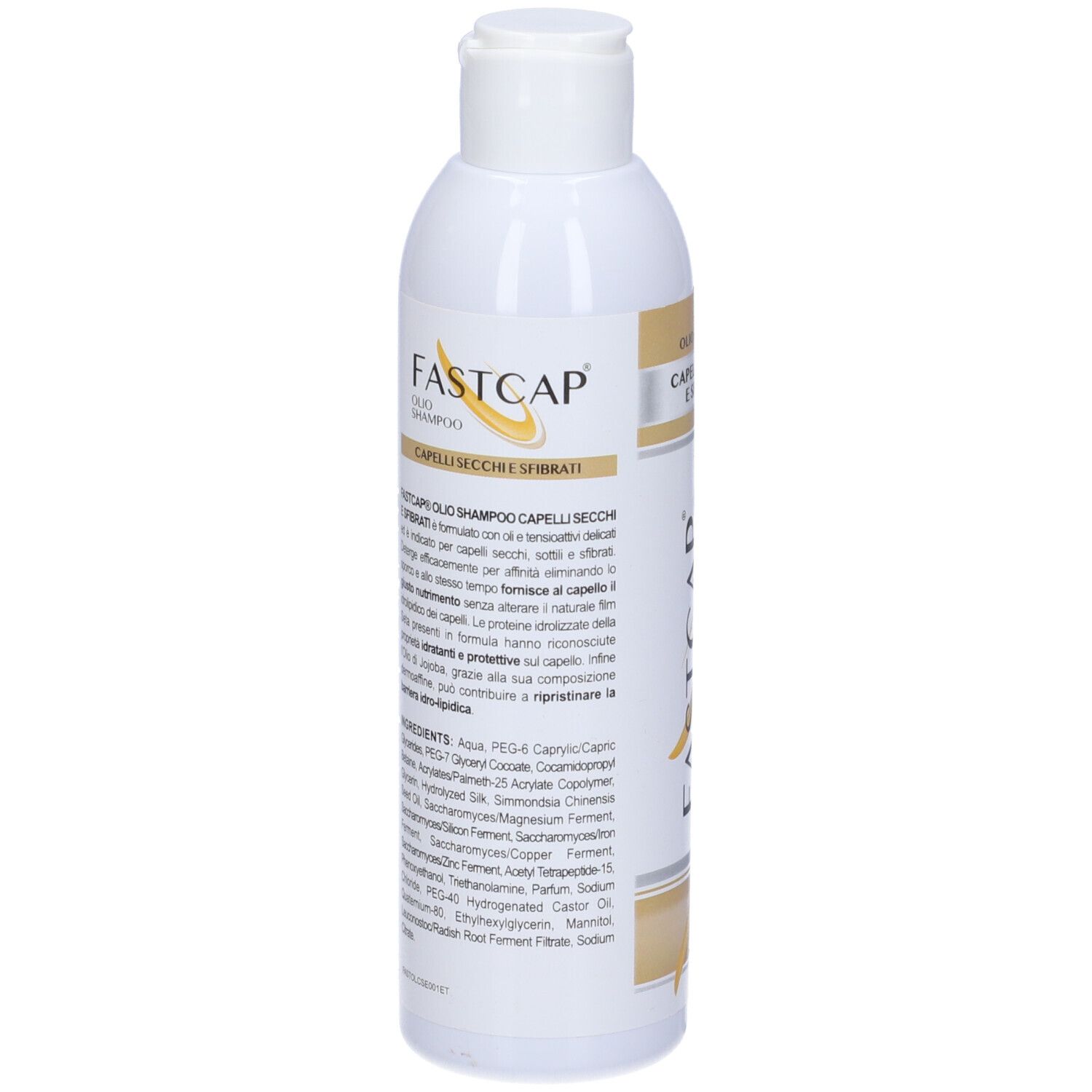 Retro del flacone di shampoo. Testo: Capelli Secchi E Sfibrati, ingredienti.