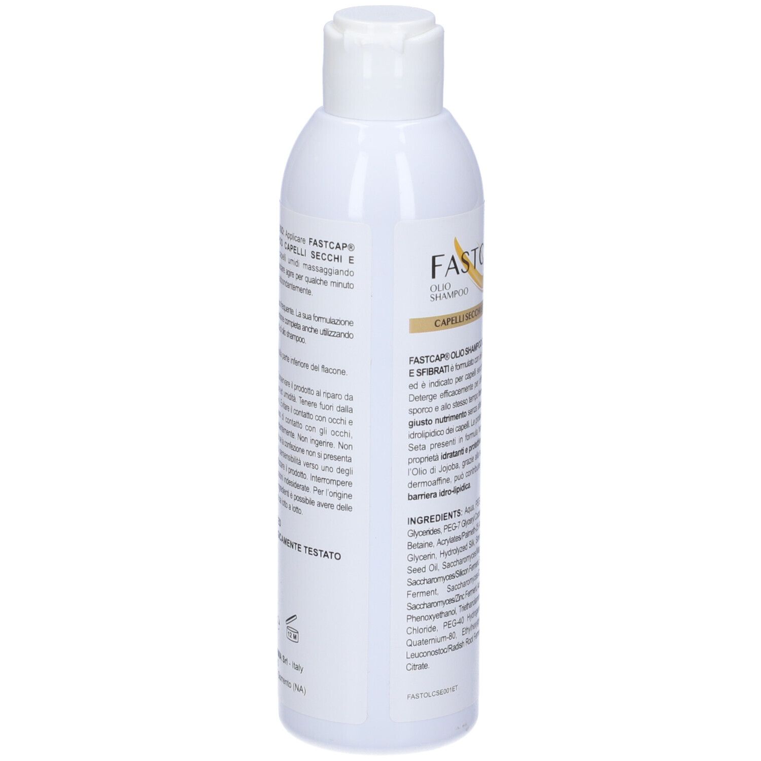 Retro del flacone di shampoo. Testo: Capelli Secchi E Sfibrati, uso.