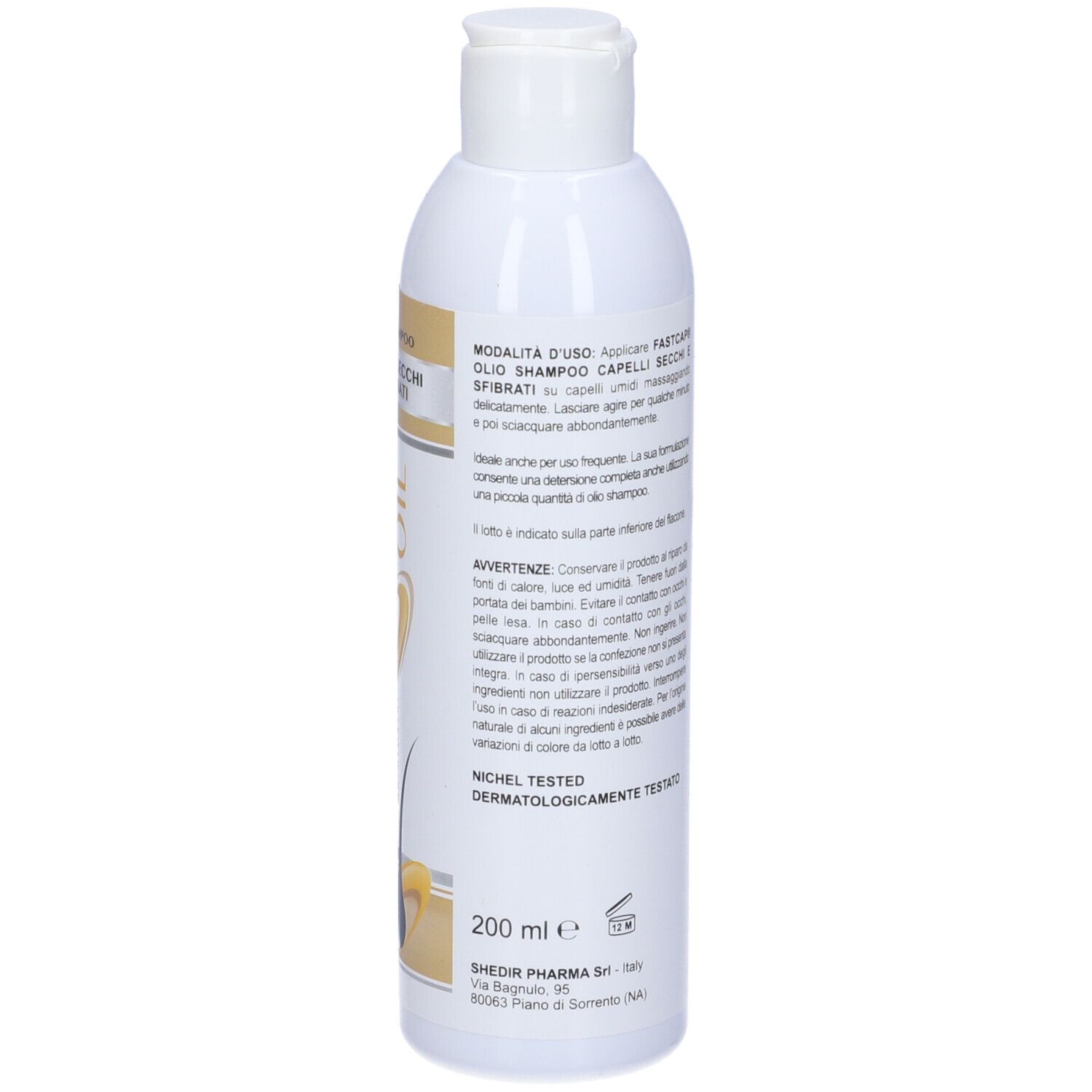 Retro del flacone di shampoo. Testo: Capelli Secchi E Sfibrati, avvertenze.