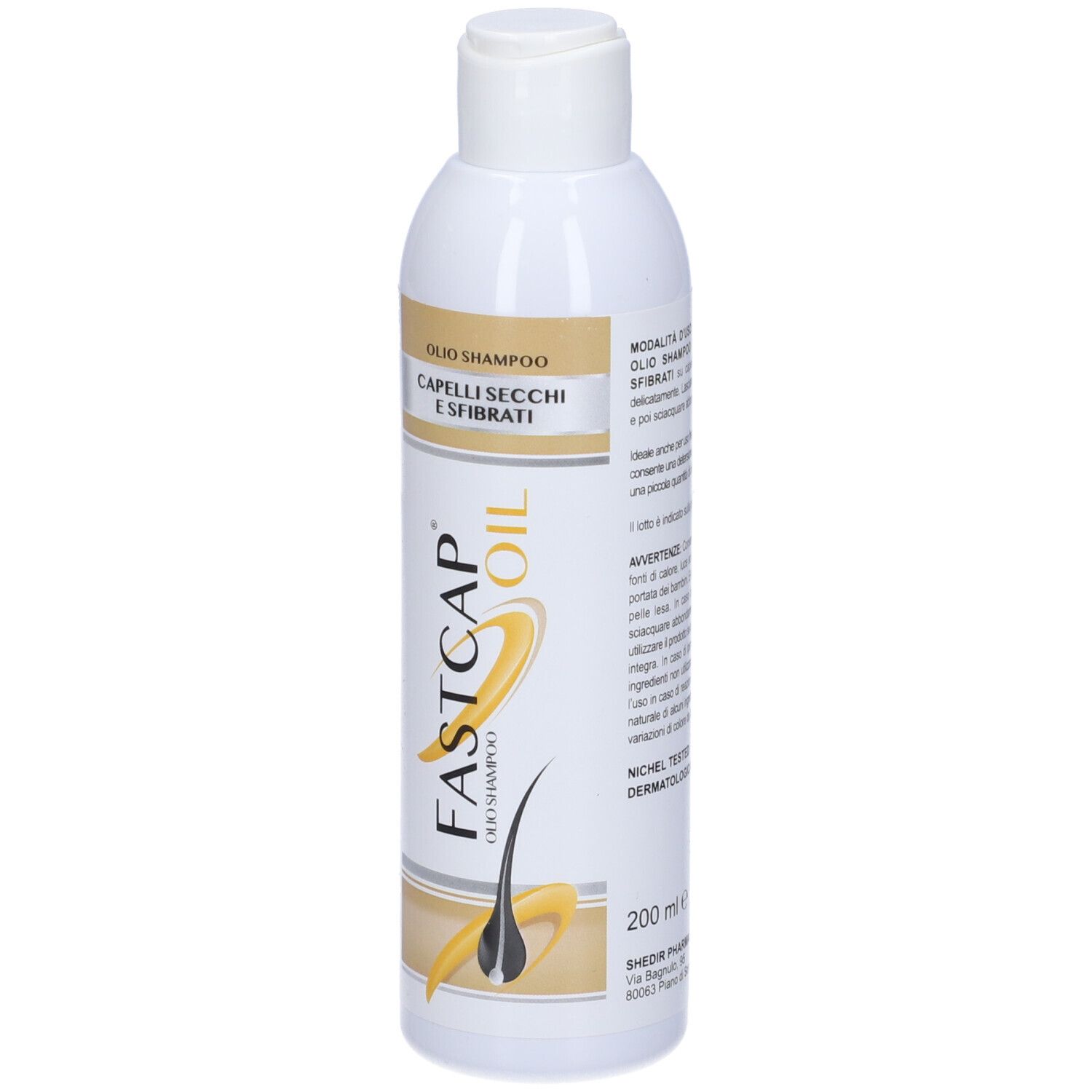 Flacone di shampoo bianco con scritta: Fastcap Oil, Capelli Secchi E Sfibrati.