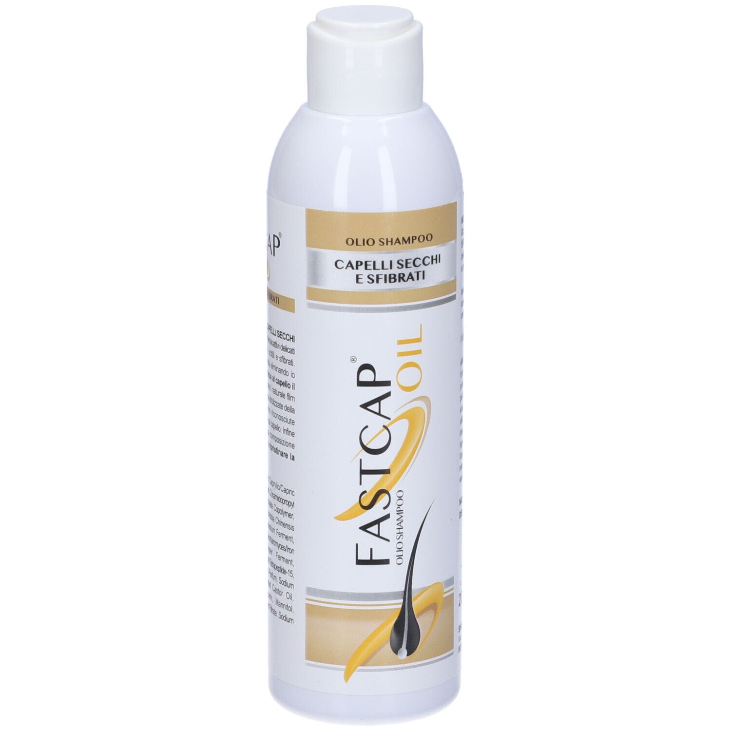 Flacone di shampoo bianco con scritta: Fastcap Oil, Capelli Secchi E Sfibrati.