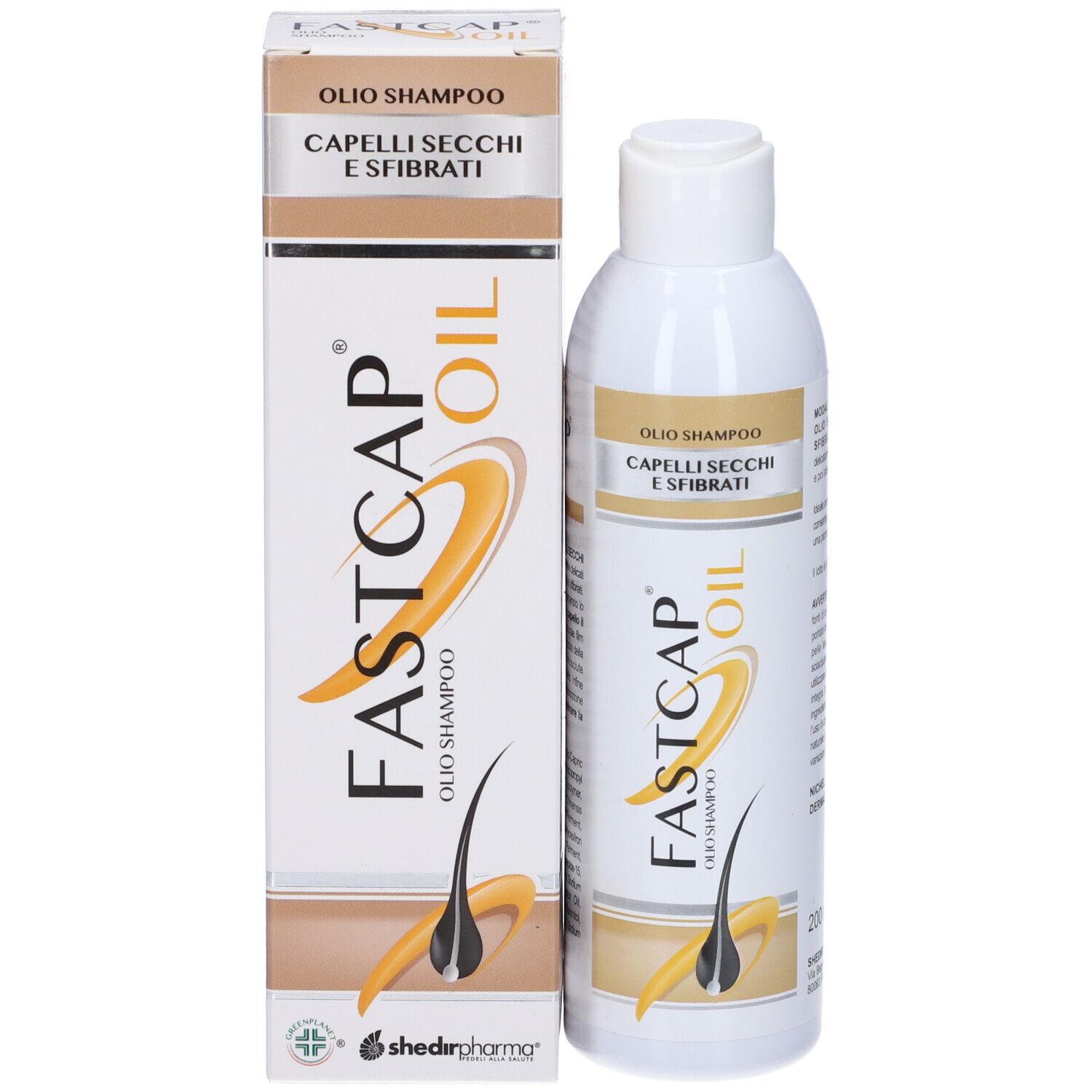 Confezione e flacone di shampoo. Scritto: Fastcap Oil, Capelli Secchi E Sfibrati.