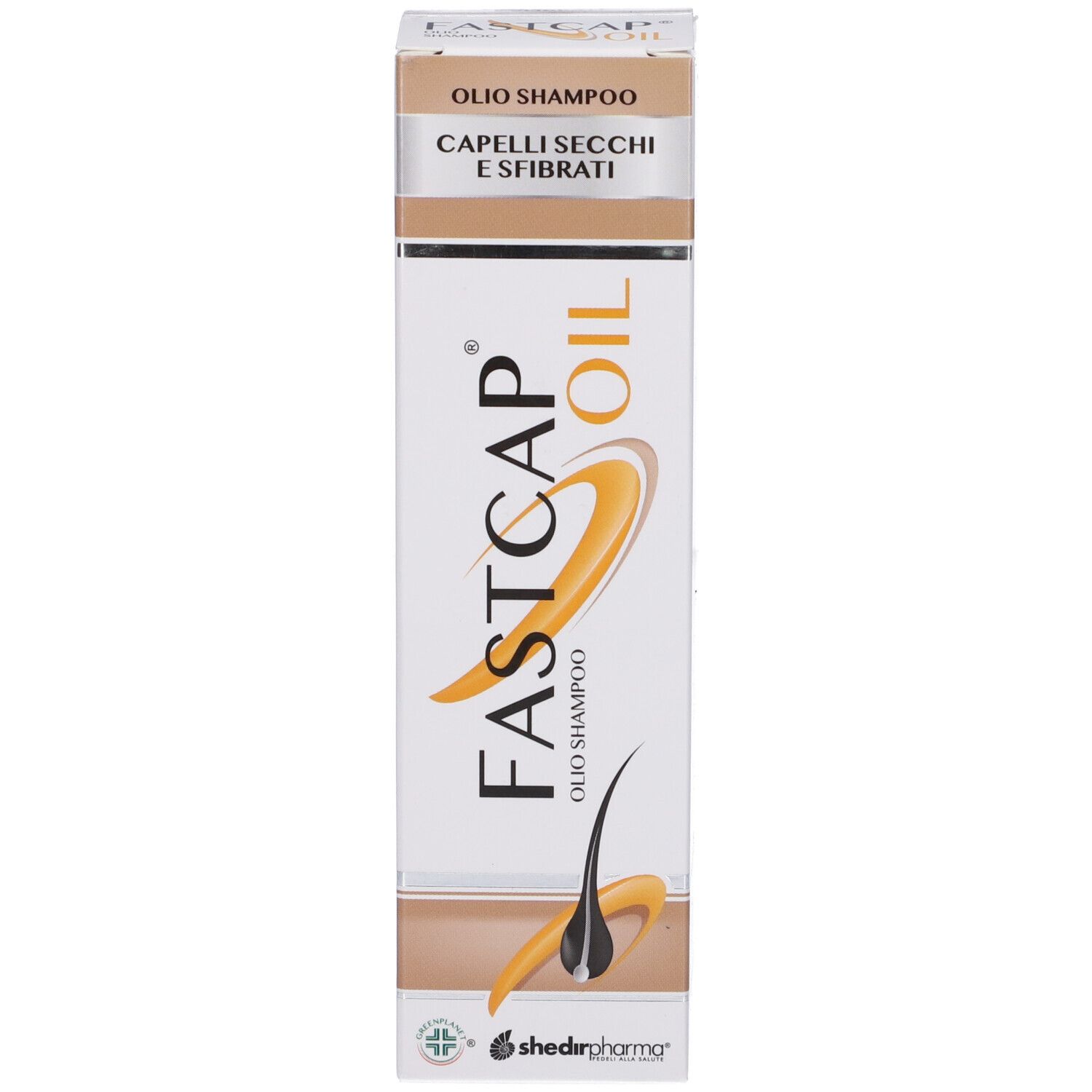 Confezione del prodotto. Scritto: Fastcap Oil, Capelli Secchi E Sfibrati.