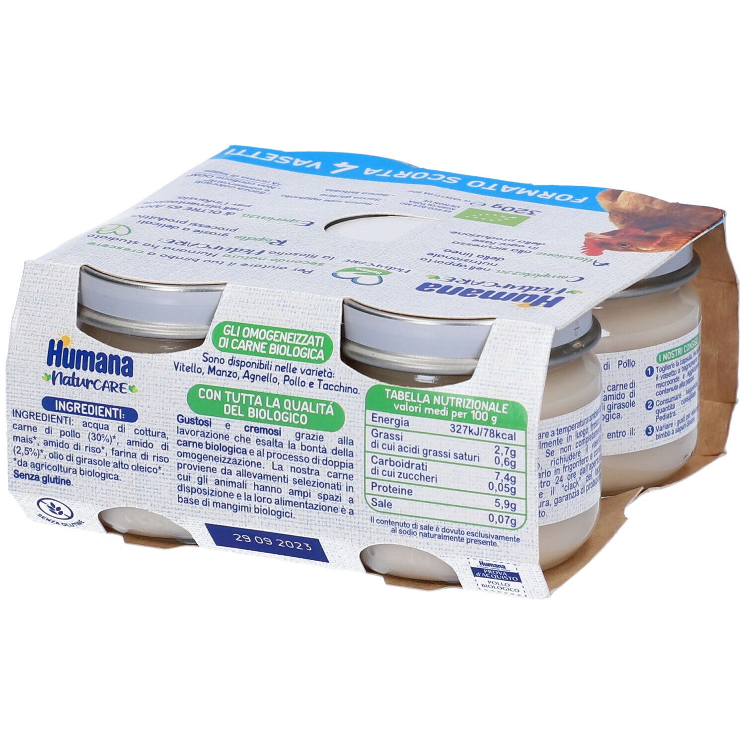Confezione da quattro vasetti di omogeneizzato Humana NaturCARE al pollo biologico. Vasetti con contenuto bianco, confezionati in cartone.