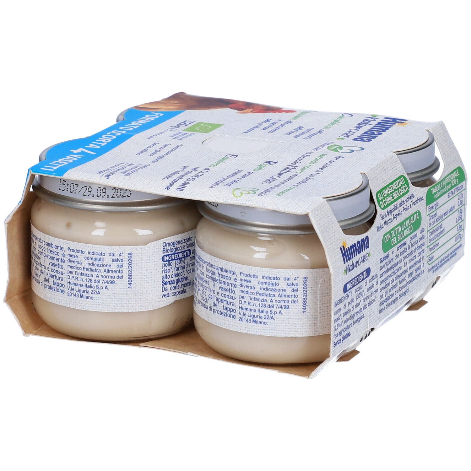 Confezione da quattro vasetti di omogeneizzato Humana NaturCARE al pollo biologico. Vasetti con contenuto bianco, confezionati in cartone.