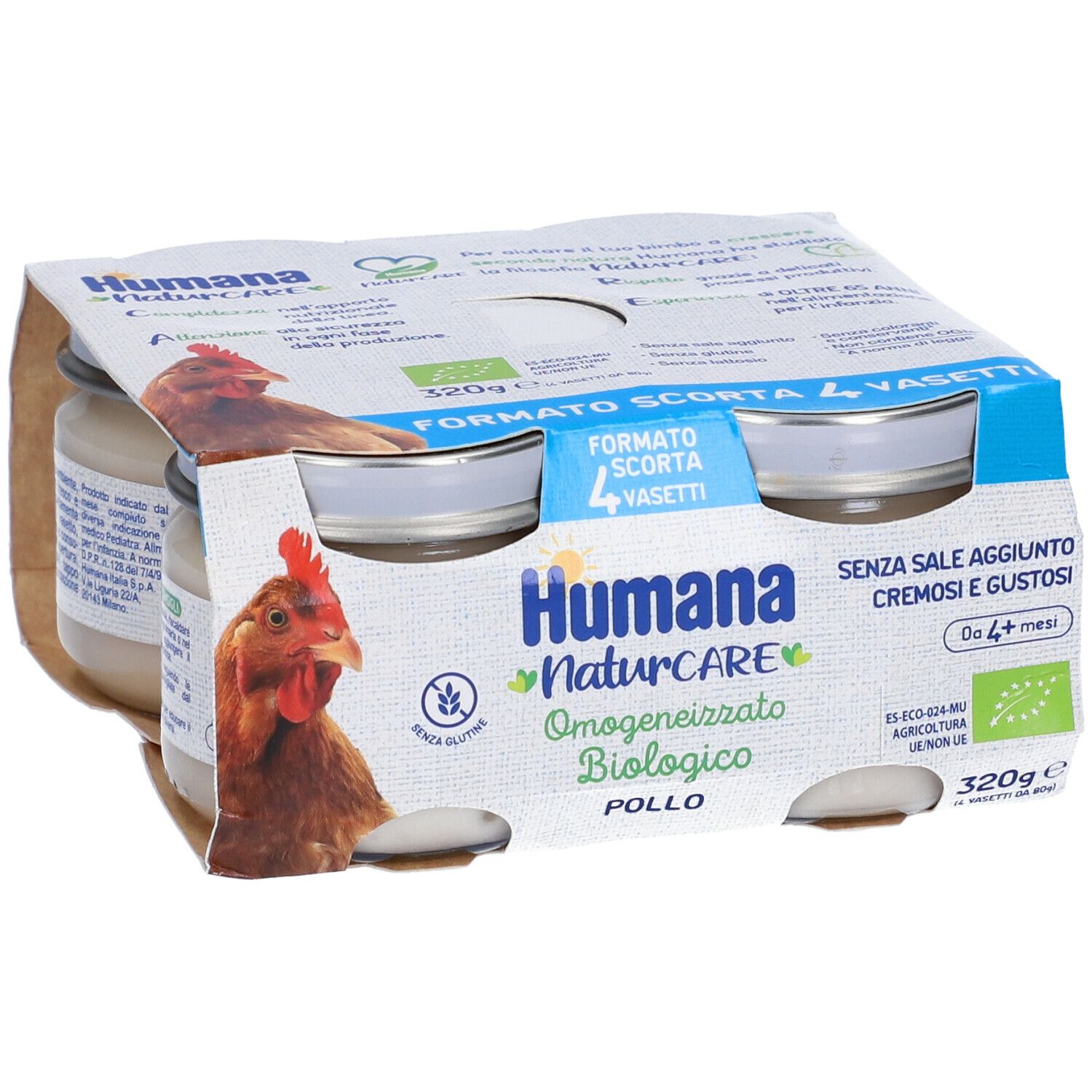 Confezione da quattro vasetti di omogeneizzato Humana NaturCARE al pollo biologico. Vasetti con contenuto bianco, confezionati in cartone.
