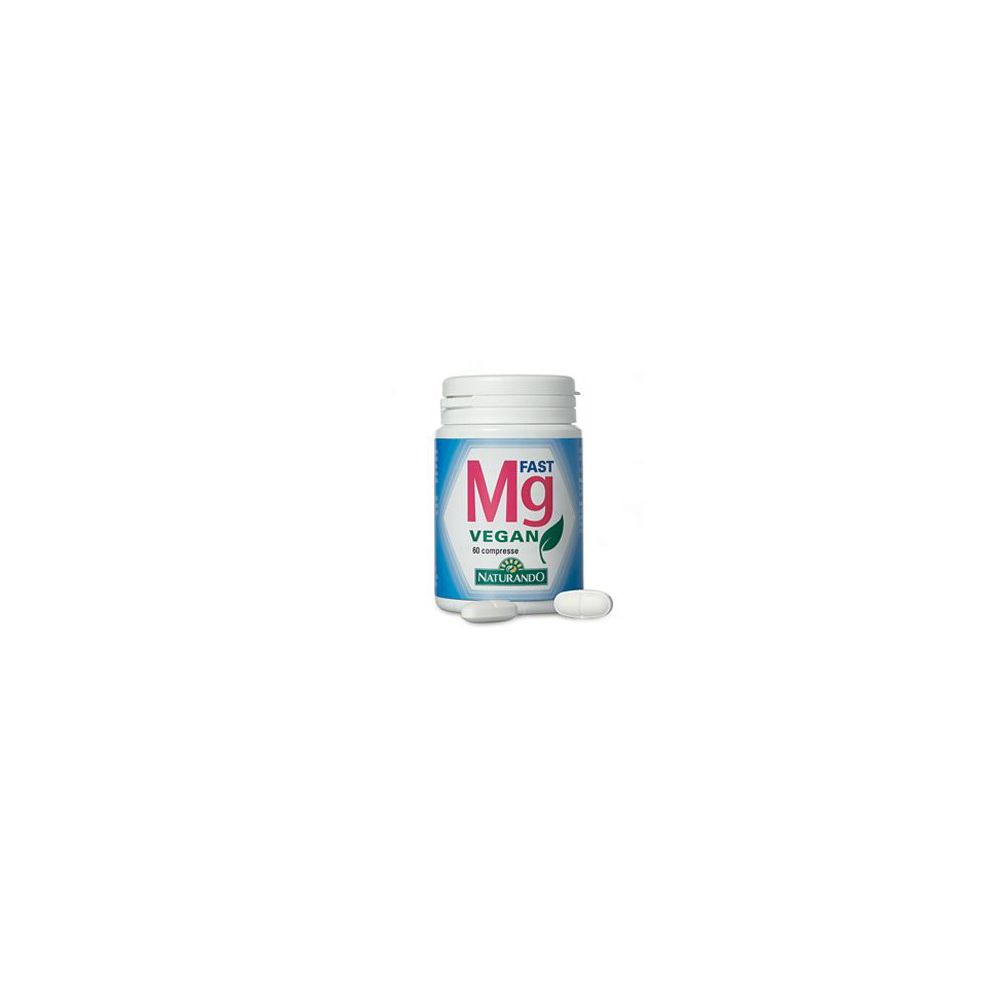 Flacone bianco con scritta blu. Una compressa accanto. Scritta: Mg Fast Vegan.