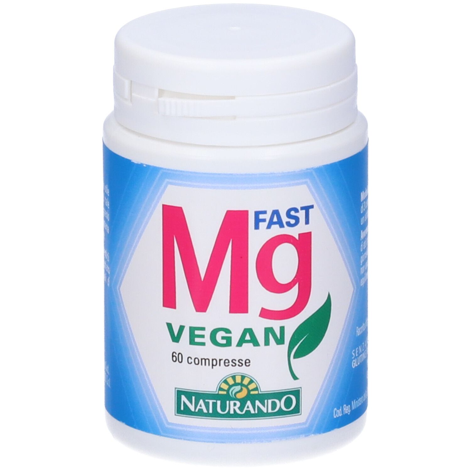 Flacone bianco con scritta blu. Scritta: Mg Fast Vegan, 60 compresse, Naturando.
