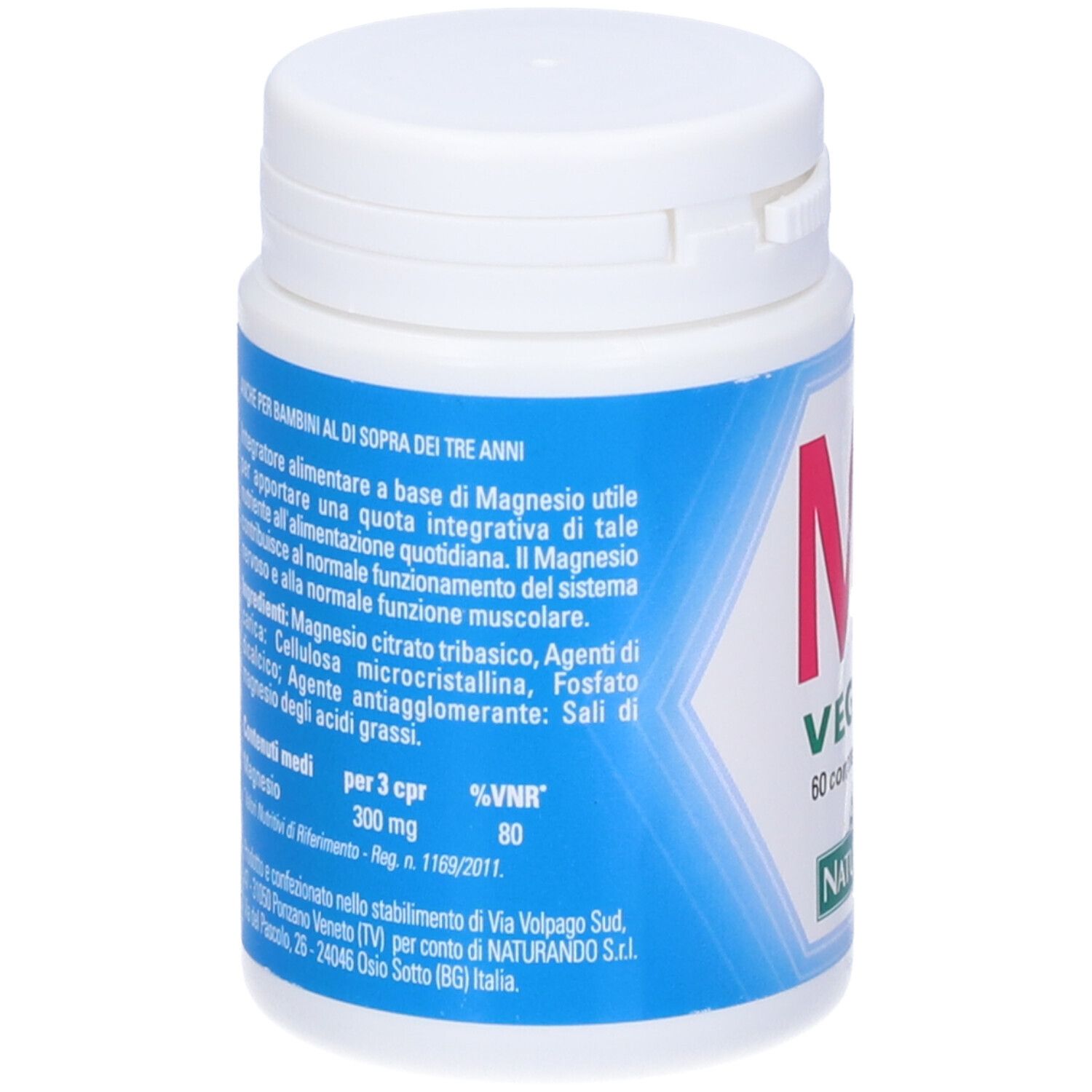 Flacone con scritta blu. Scritta: Mg Fast Vegan, 60 compresse. Retro con informazioni.