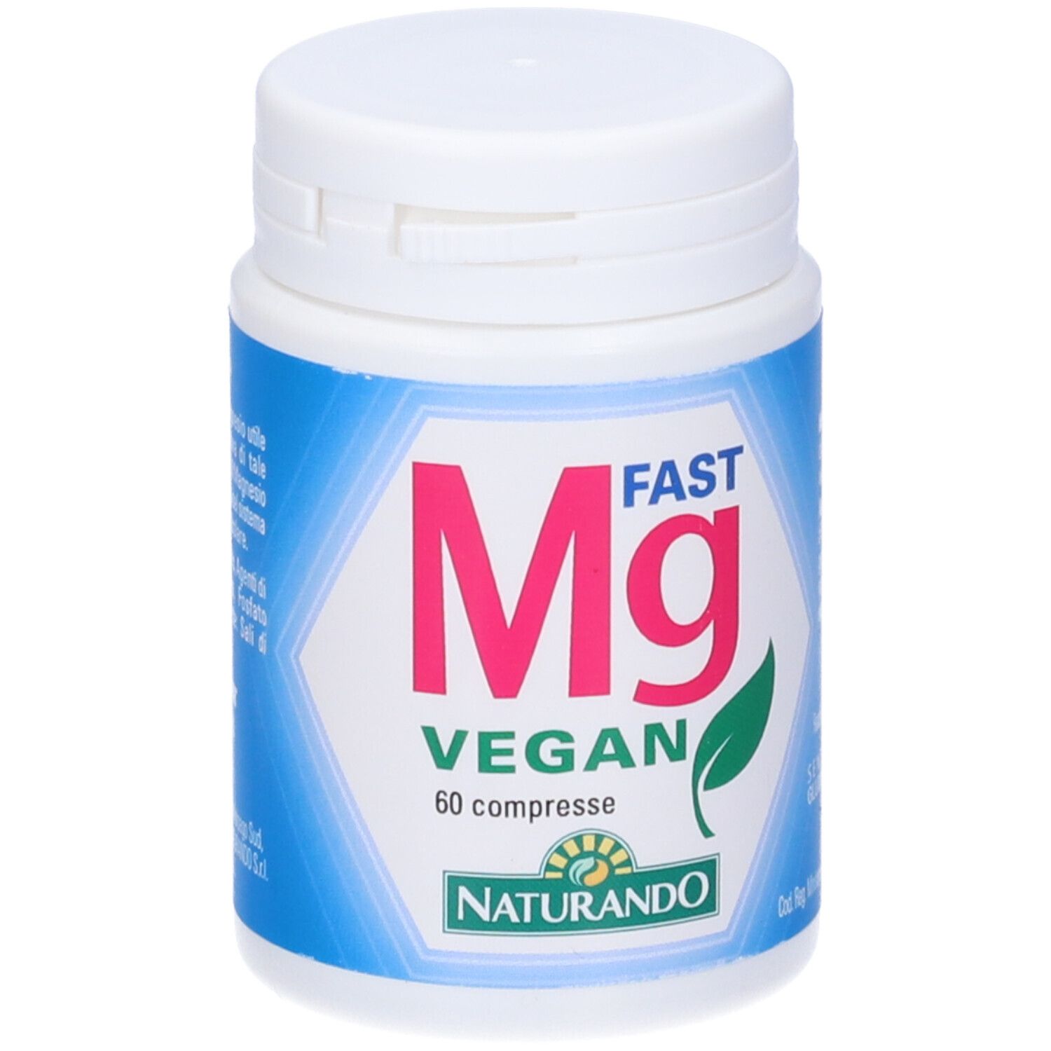 Flacone con scritta blu. Scritta: Mg Fast Vegan, 60 compresse, Naturando.