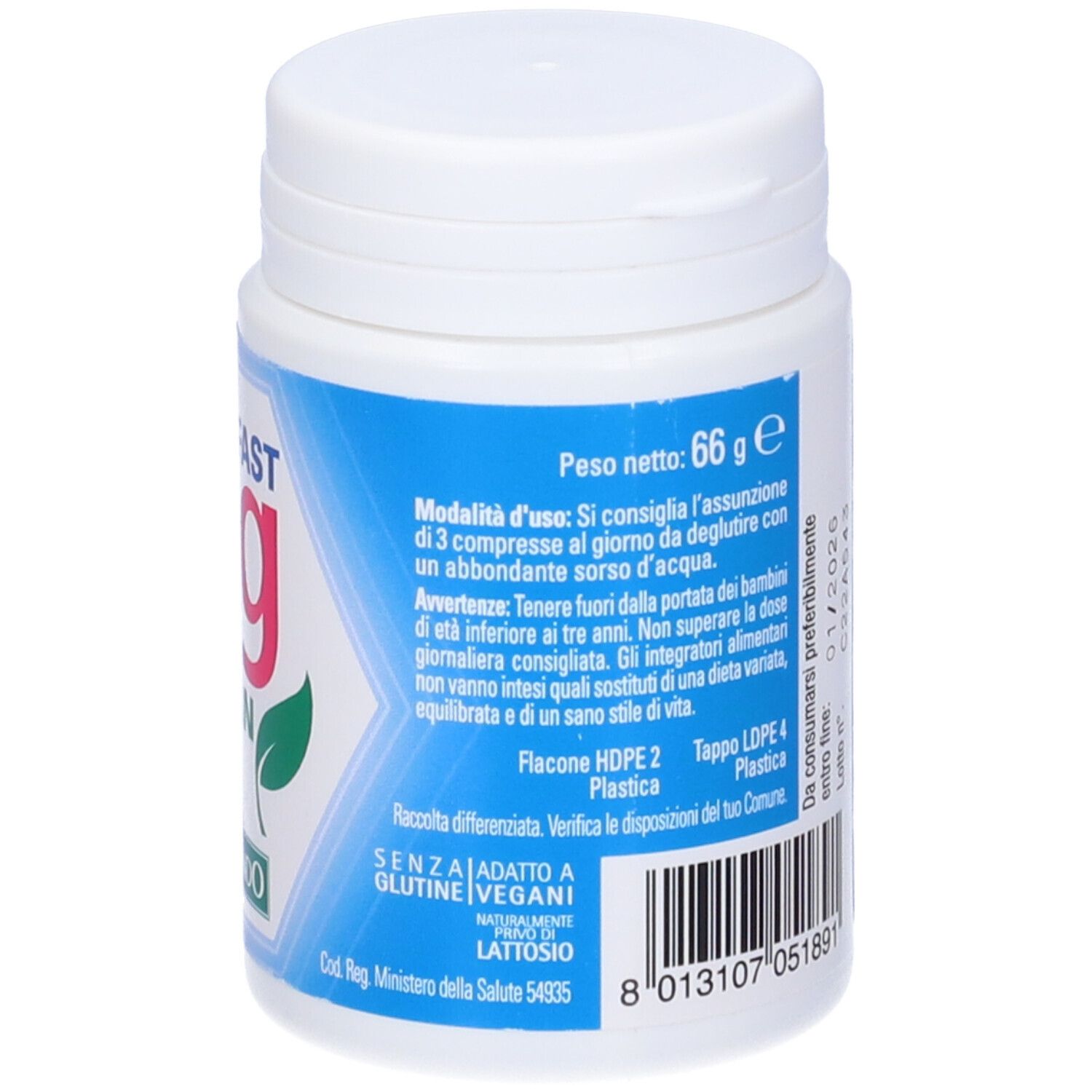 Flacone con scritta blu. Retro con informazioni, peso e data di scadenza.