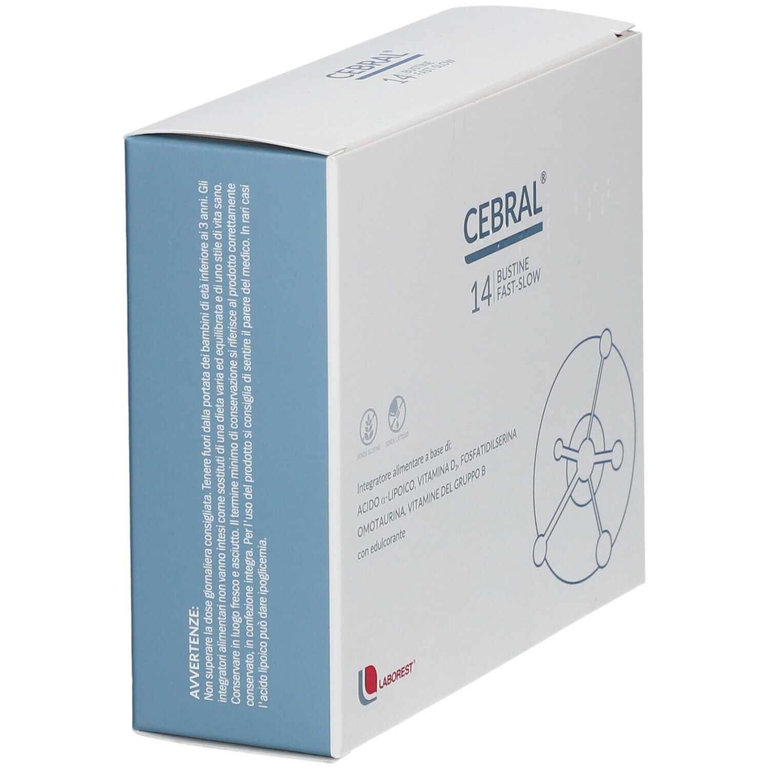 Scatola Cebral, 14 bustine. Scritto: Fast Slow. Logo LABOREST. Grafica blu. Ingredienti.