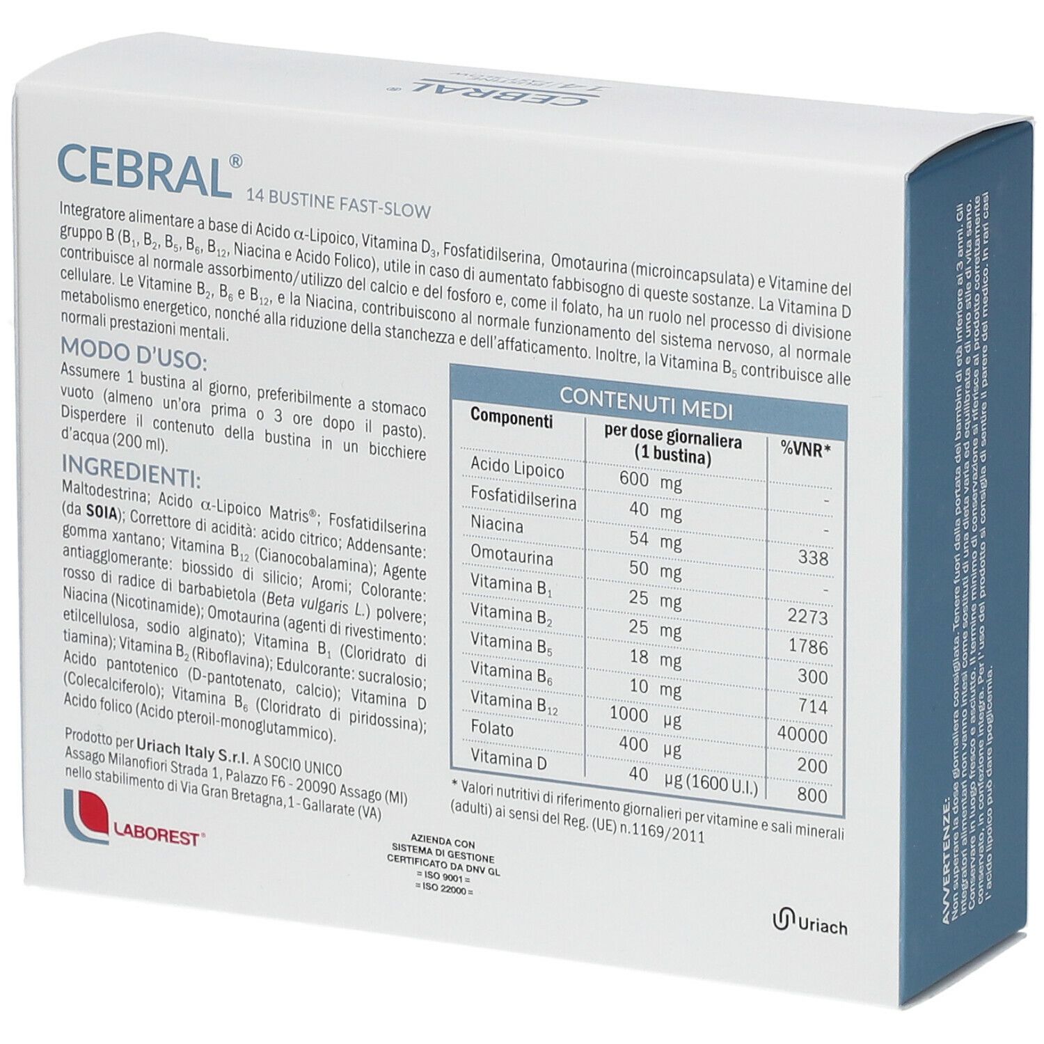 Scatola Cebral, 14 bustine. Scritto: Fast Slow. Retro con ingredienti e istruzioni per l'uso.