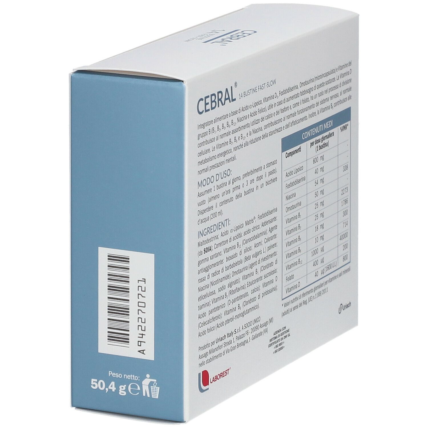 Scatola Cebral, 14 bustine. Scritto: Fast Slow. Retro con ingredienti e istruzioni per l'uso.
