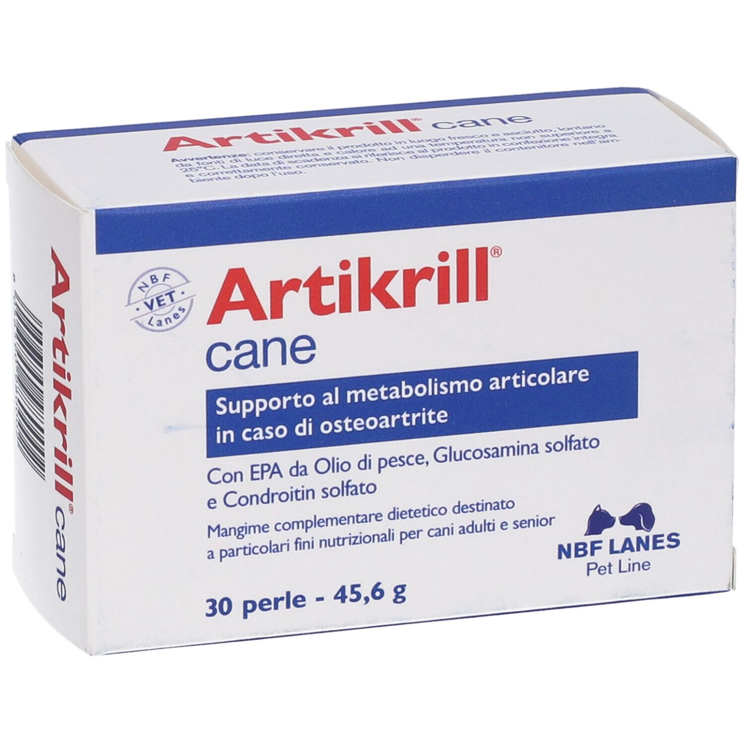 Artikrill cane: Ergänzungsfuttermittel für Hunde, 30 Perlen, Rückseite.