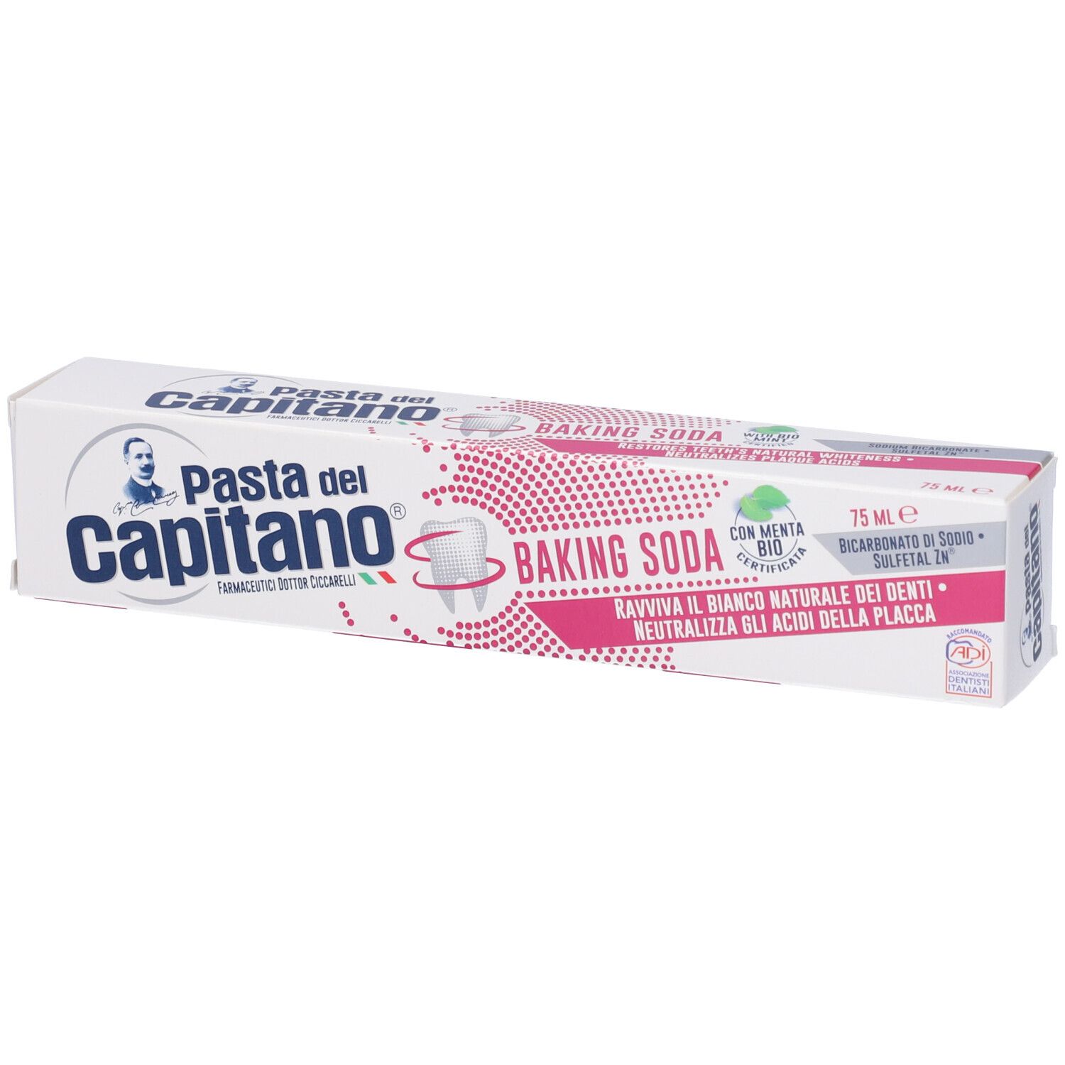 Confezione di dentifricio Pasta del Capitano Baking Soda. Scatola bianca e rosa, scritta in italiano.