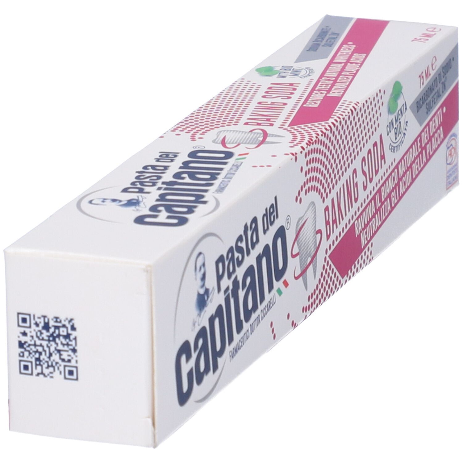 Confezione di dentifricio Pasta del Capitano Baking Soda. Vista obliqua, scatola bianca e rosa.