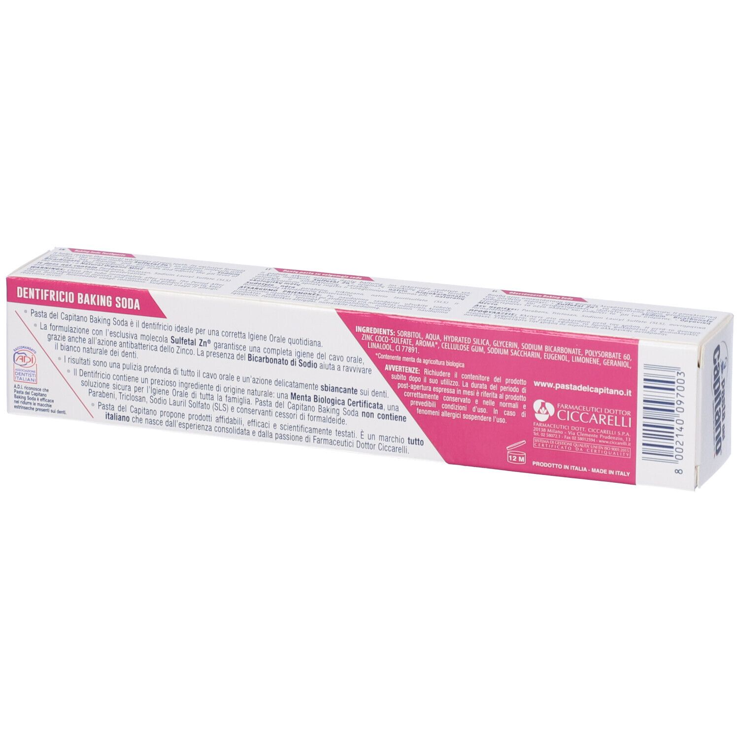 Retro della confezione di dentifricio. Testo: Dentifricio Baking Soda. Ingredienti e informazioni.