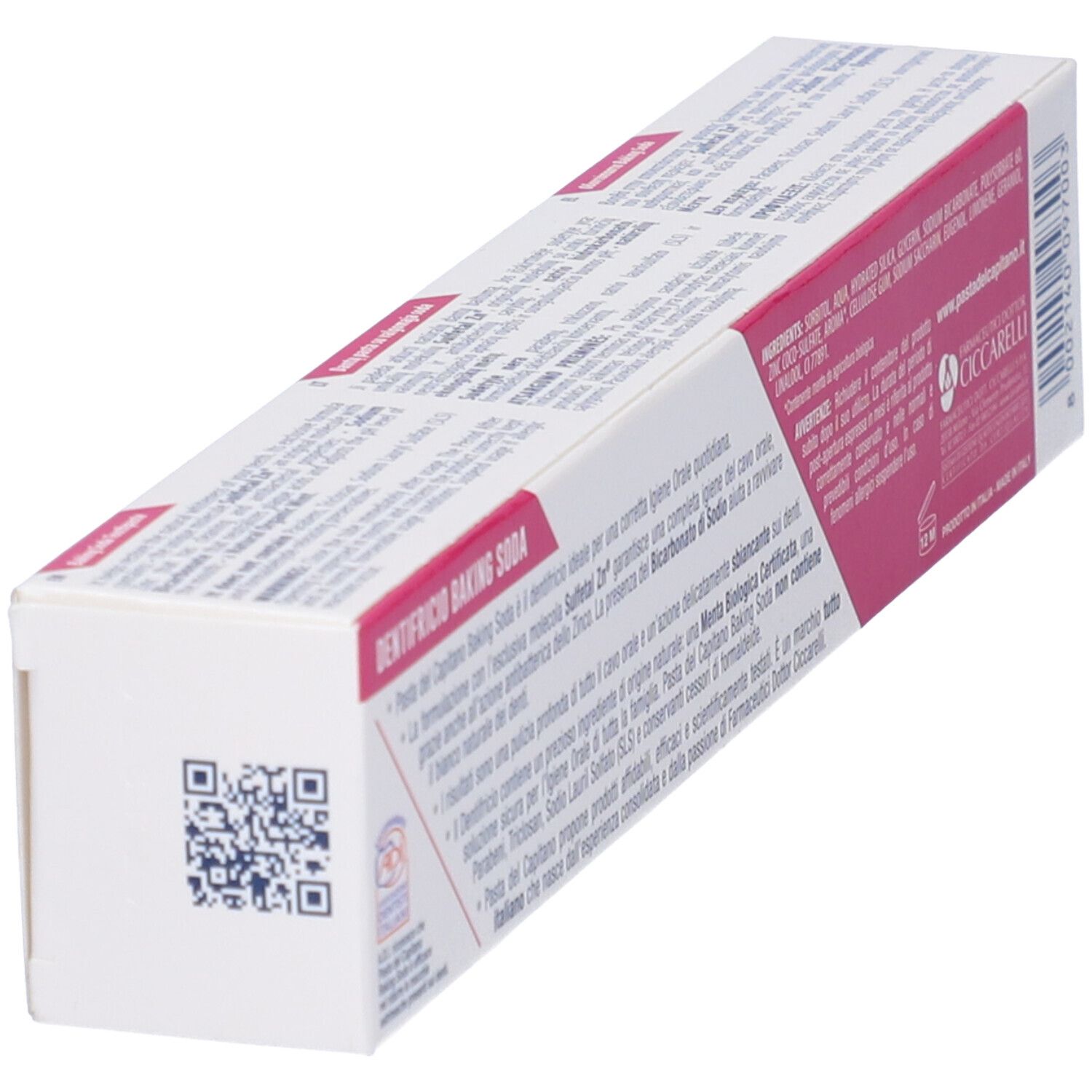 Retro della confezione di dentifricio. Vista obliqua, testo e informazioni.