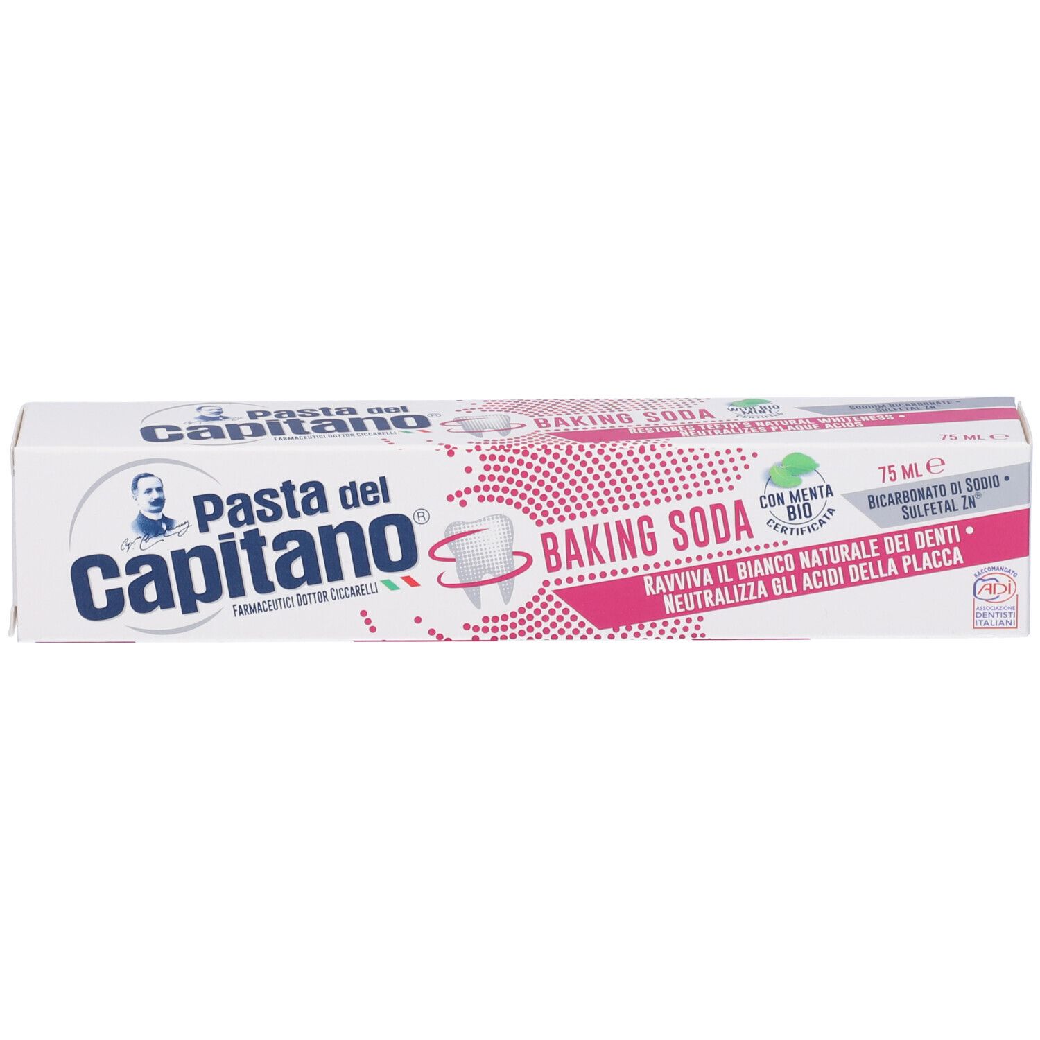 Confezione di dentifricio Pasta del Capitano Baking Soda. Scatola bianca e rosa, scritta in italiano.