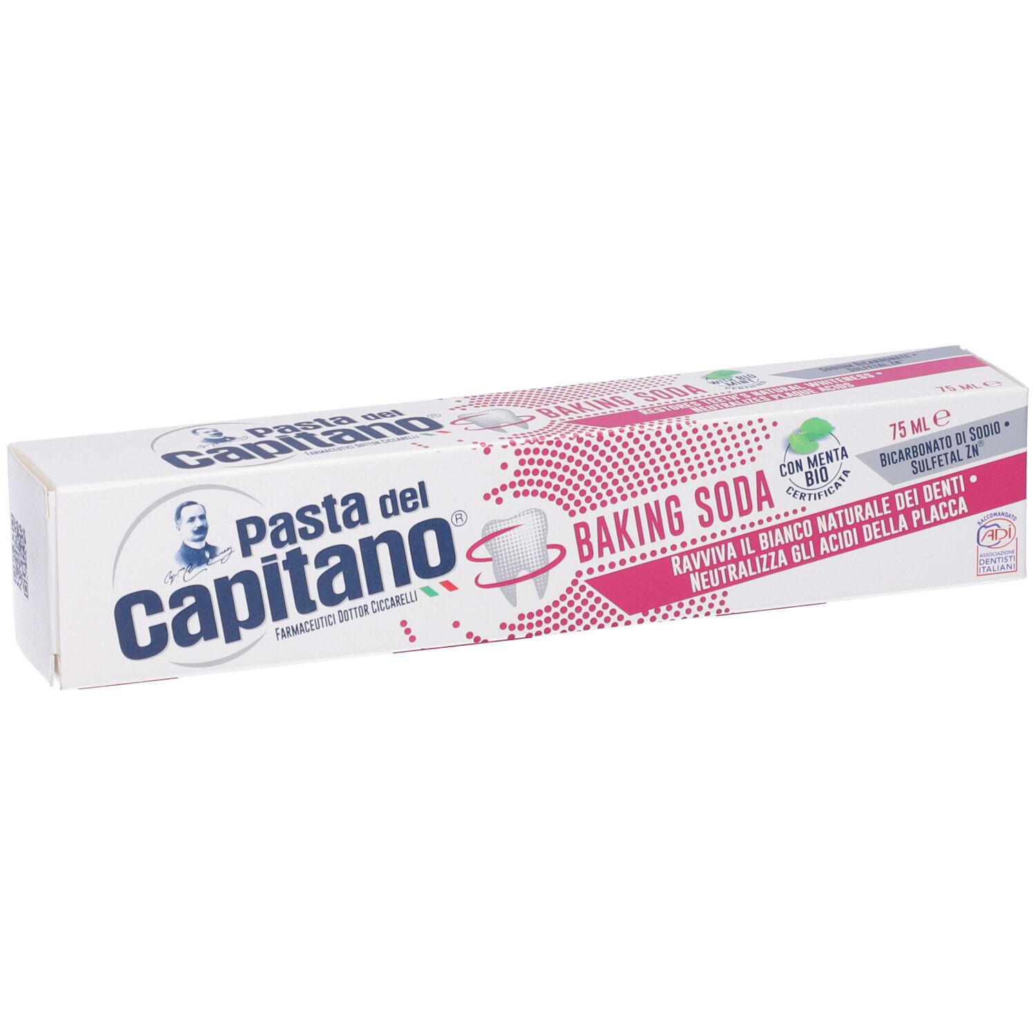 Confezione di dentifricio Pasta del Capitano Baking Soda. Scatola bianca e rosa, scritta in italiano.