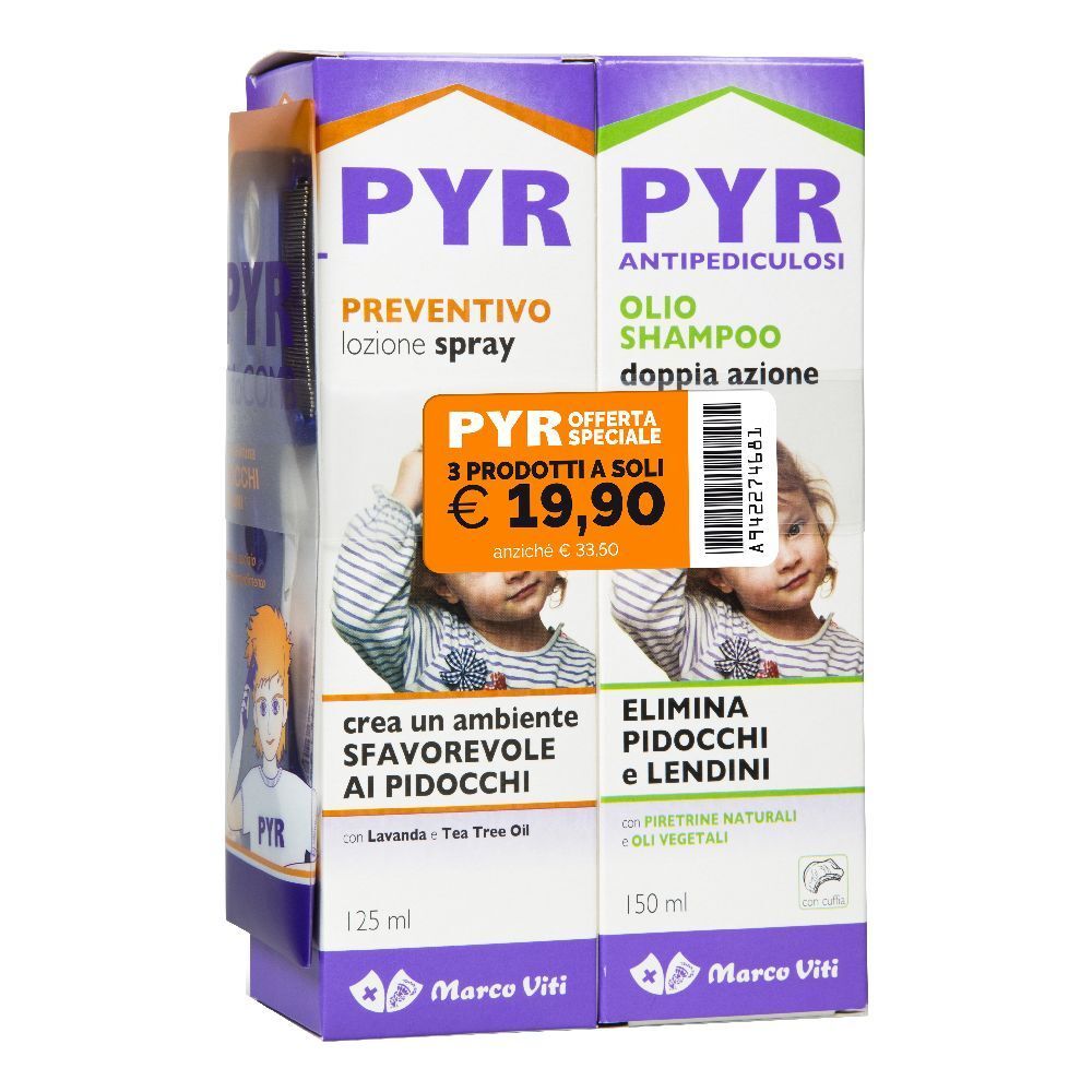Confezione con spray e shampoo. Testo: Pyr, Marco Viti. Offerta speciale: 19,90 €.