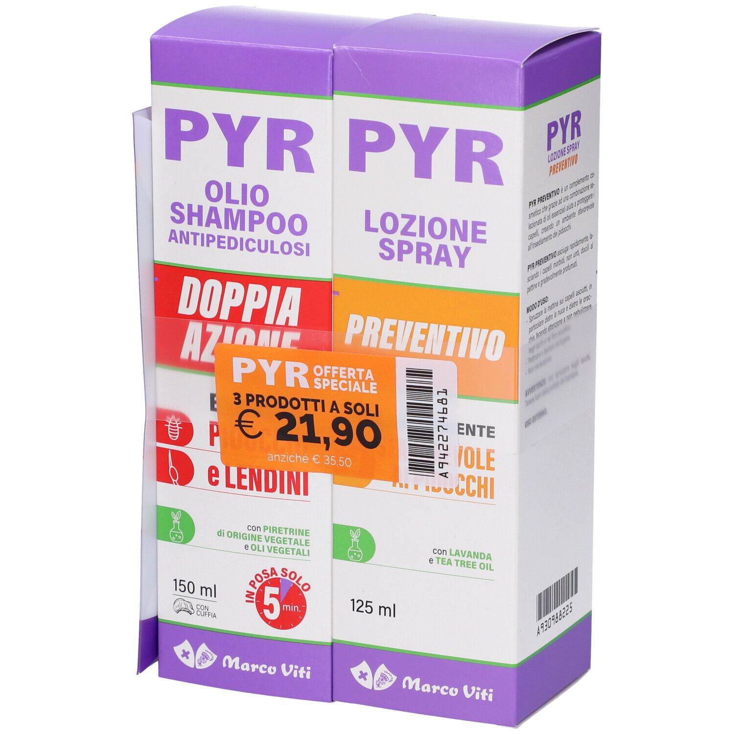 Confezione con shampoo e spray. Testo: Pyr, Marco Viti. Offerta speciale: 21,90 €.