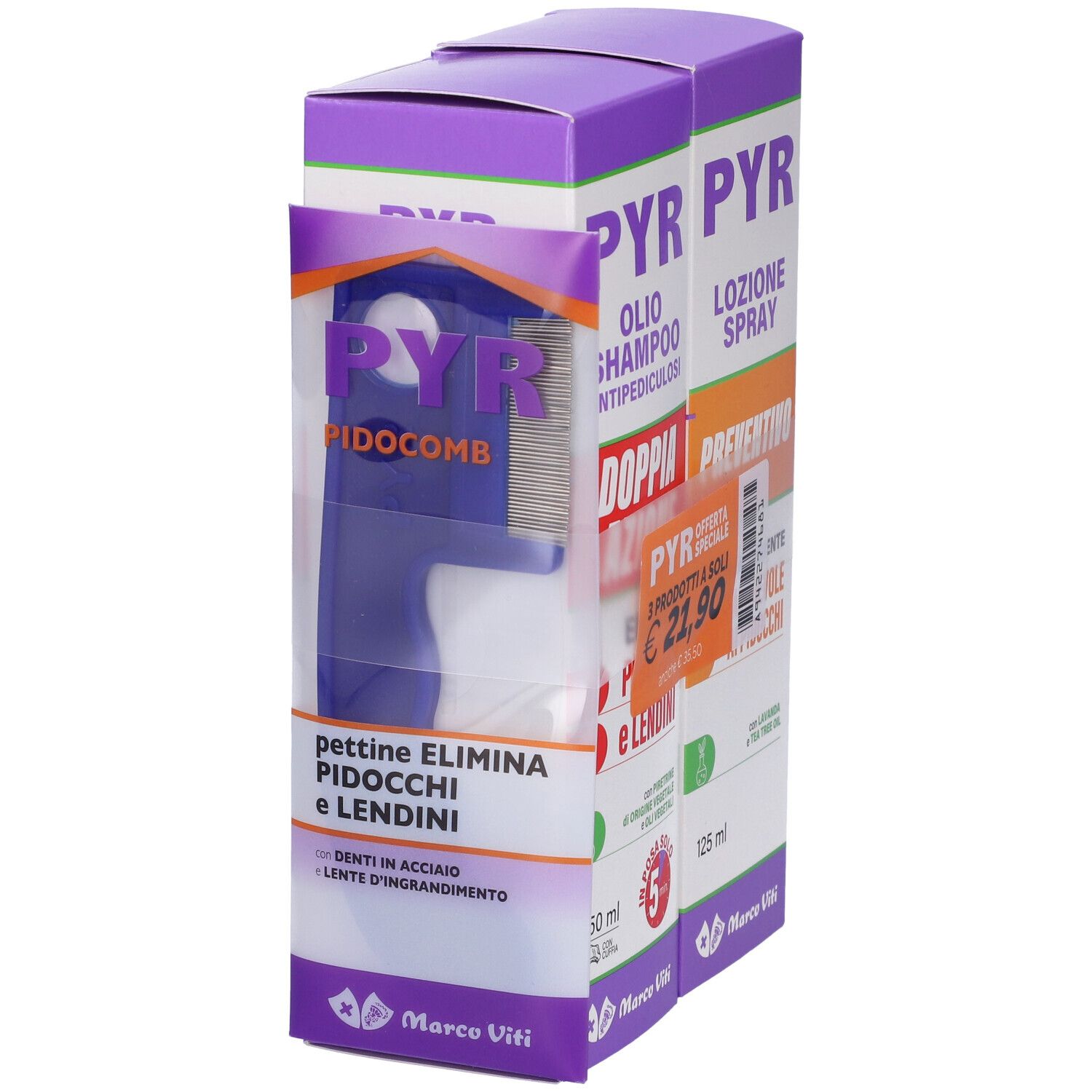 Confezione con shampoo, spray e pettine. Testo: Pyr, Marco Viti. Pettine in confezione.