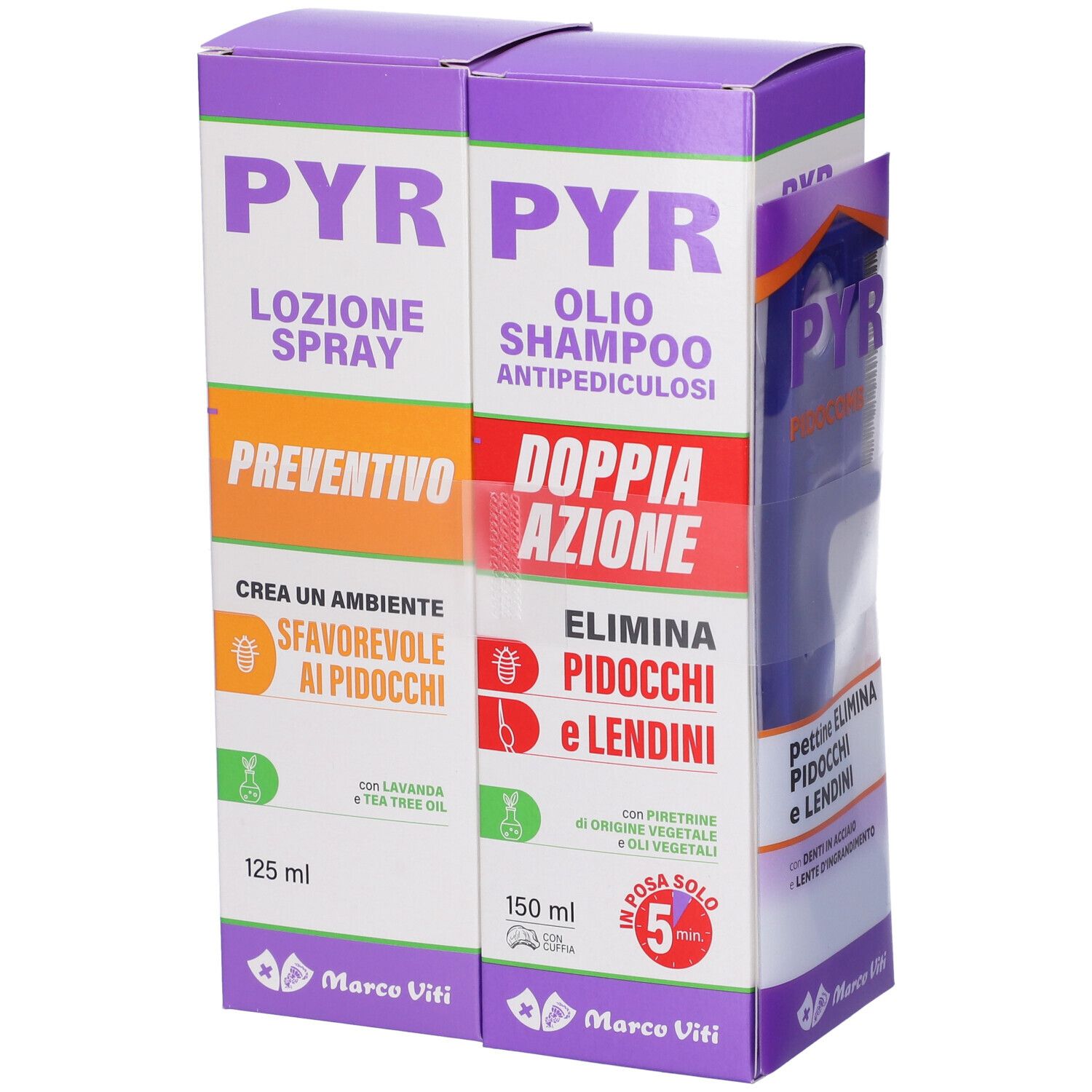 Confezione con spray e shampoo. Testo: Pyr, Marco Viti. Stampa: 'Doppia Azione'.