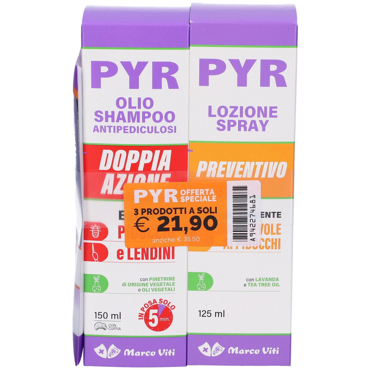 Confezione con shampoo e spray. Testo: Pyr, Marco Viti. Offerta speciale: 21,90 €.