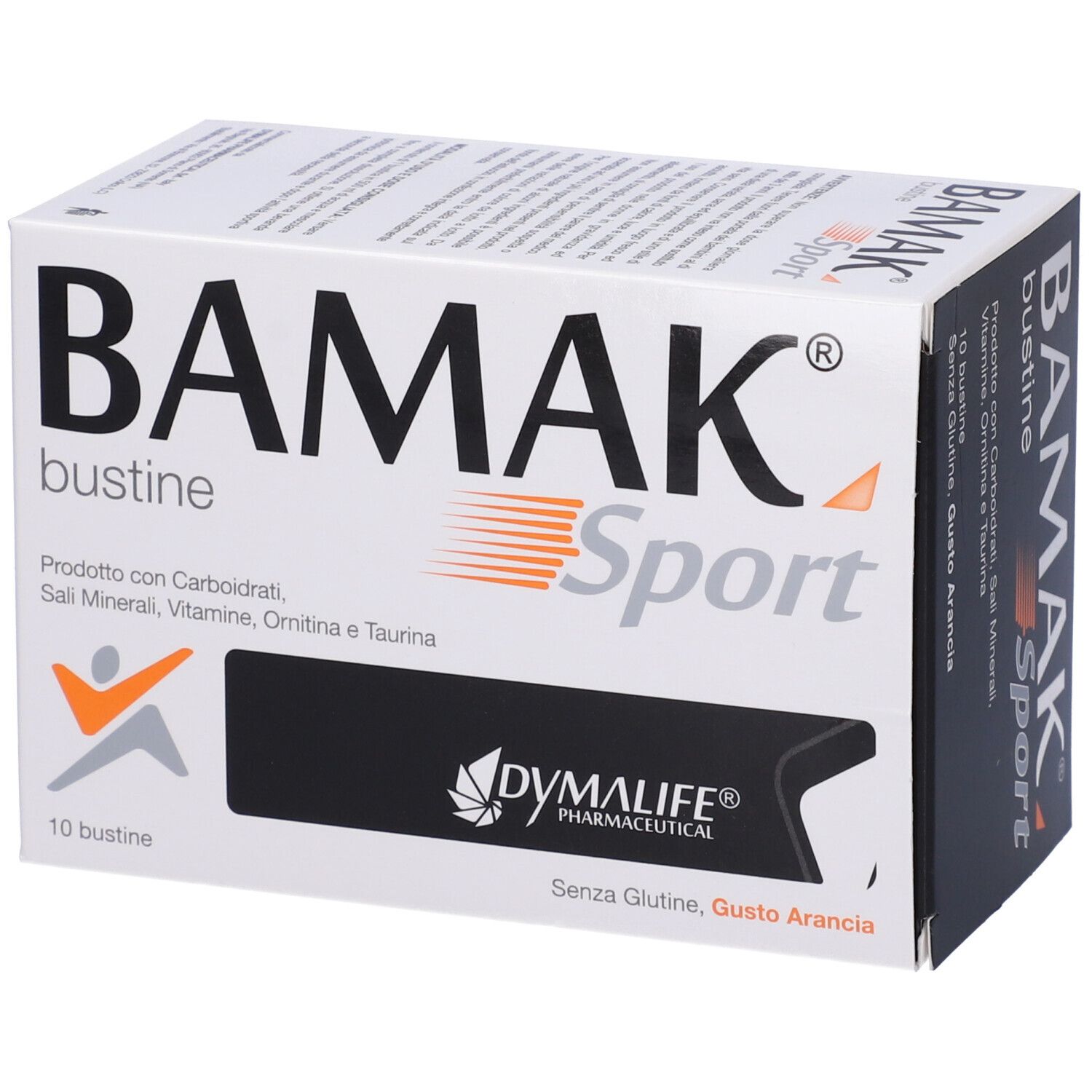 Scatola bianca BAMAK Sport, 10 bustine. Contiene carboidrati, sali minerali, vitamine, ornitina e taurina. Senza glutine, gusto arancia.