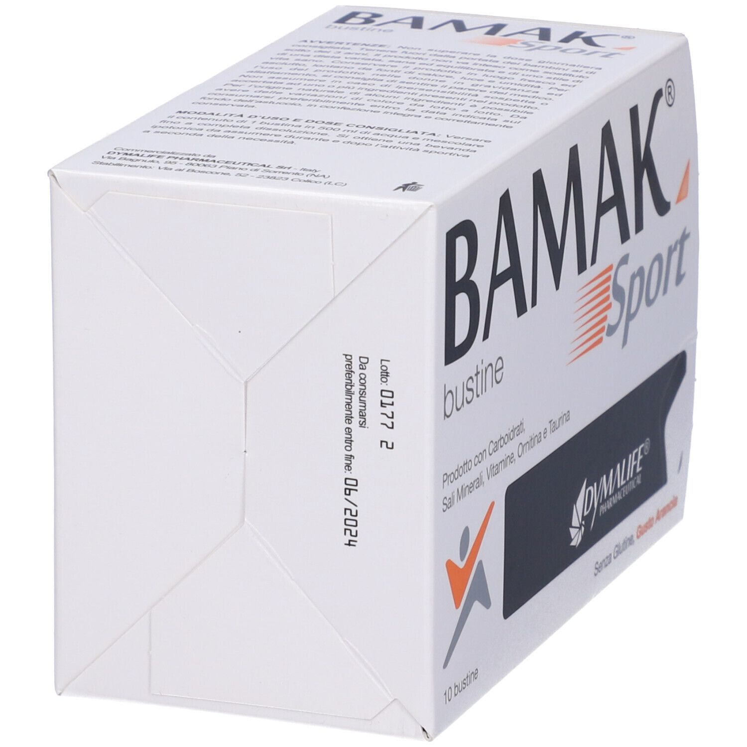 Scatola bianca BAMAK Sport. Contiene carboidrati, sali minerali, vitamine, ornitina e taurina. Scadenza 06/2024.