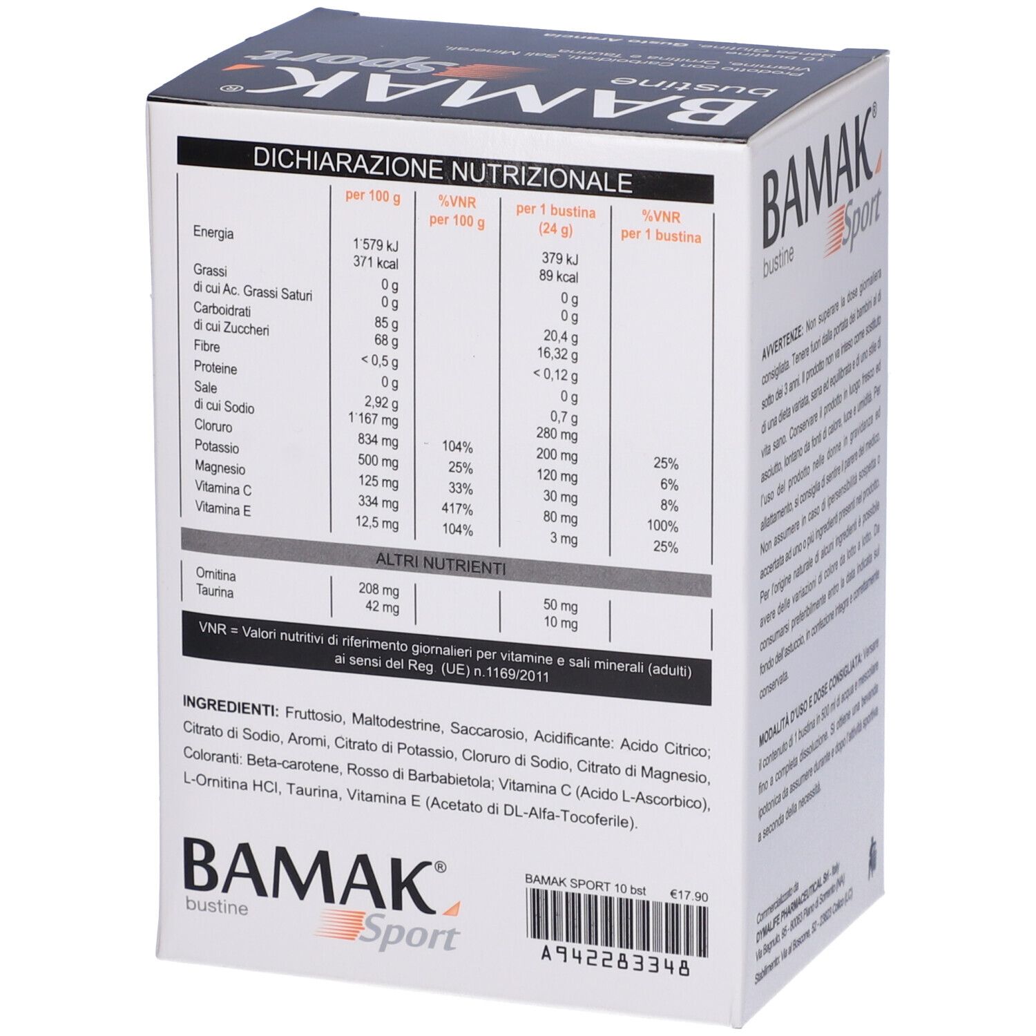 Scatola BAMAK Sport con tabella nutrizionale. Contiene carboidrati, sali minerali, vitamine, ornitina e taurina. 10 bustine.