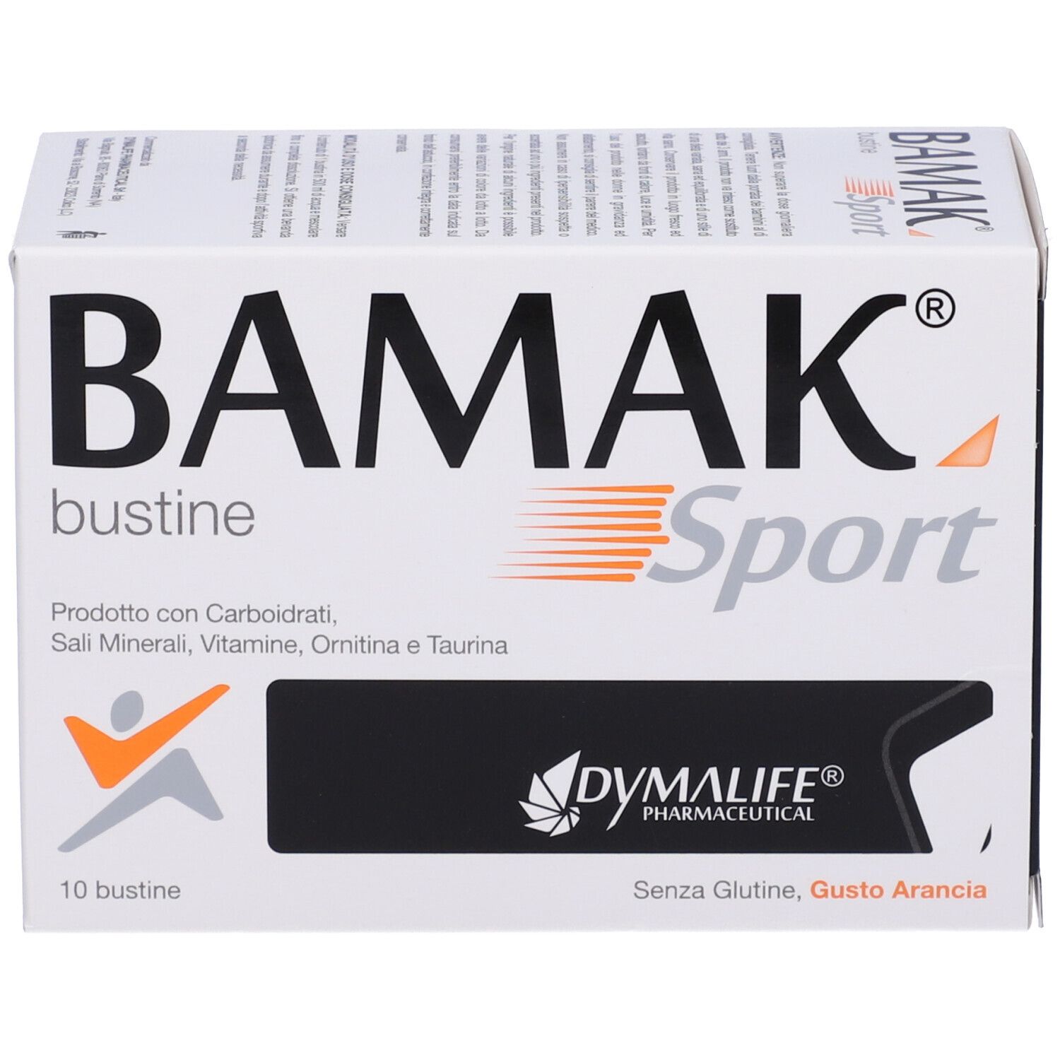 Scatola bianca BAMAK Sport, 10 bustine. Contiene carboidrati, sali minerali, vitamine, ornitina e taurina. Senza glutine, gusto arancia.
