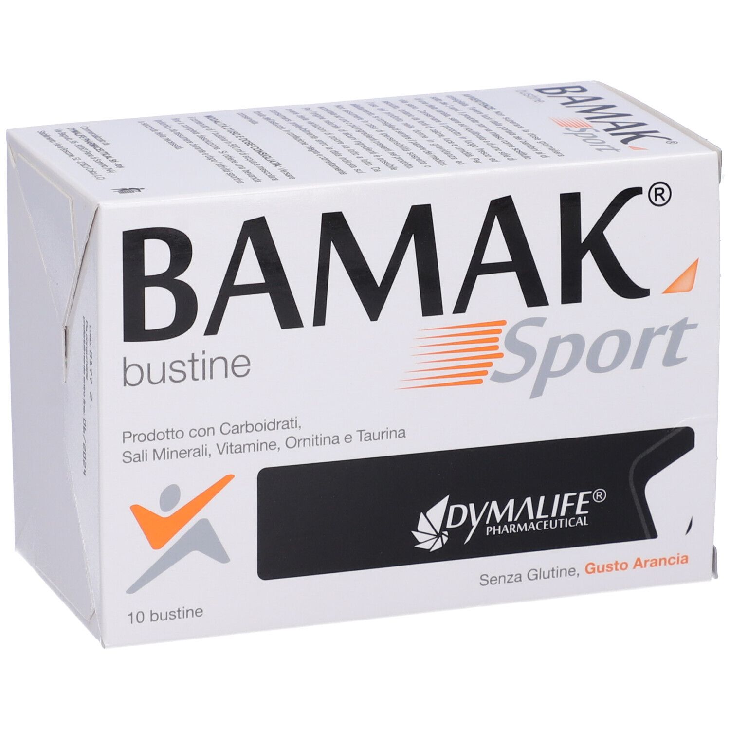 Scatola bianca BAMAK Sport, 10 bustine. Contiene carboidrati, sali minerali, vitamine, ornitina e taurina. Gusto arancia.