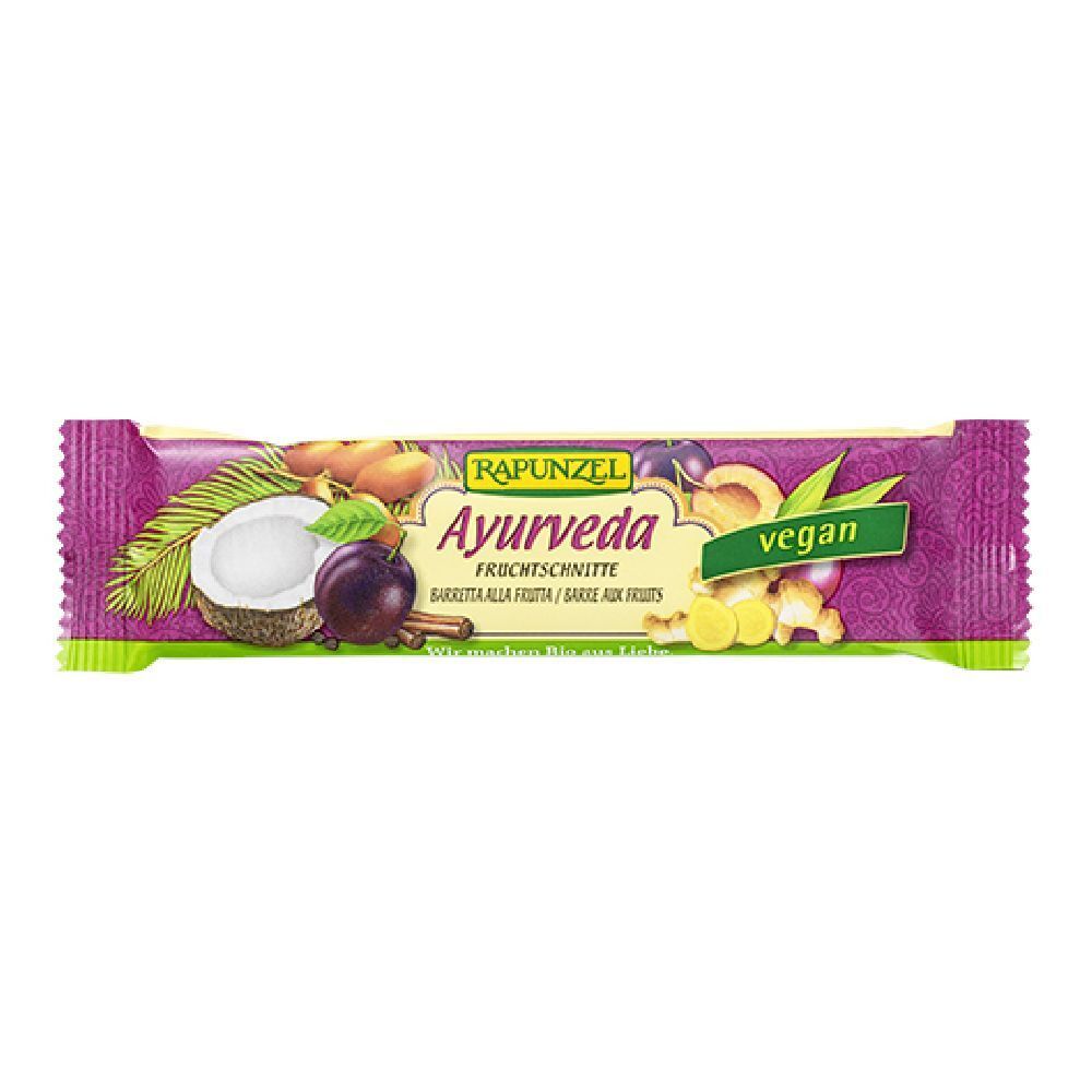 Barretta con stampa Ayurveda. Confezione viola con cocco, prugna e frutta. Sigillo vegano.