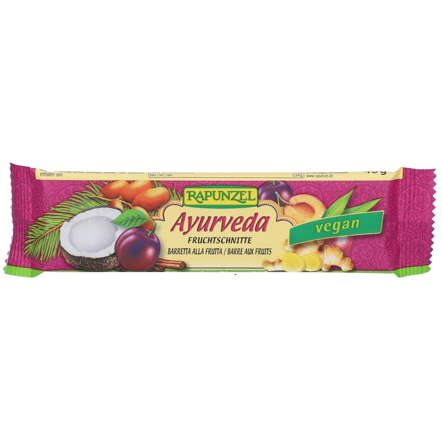 Barretta con stampa Ayurveda. Confezione viola con cocco, prugna e frutta. Sigillo vegano.