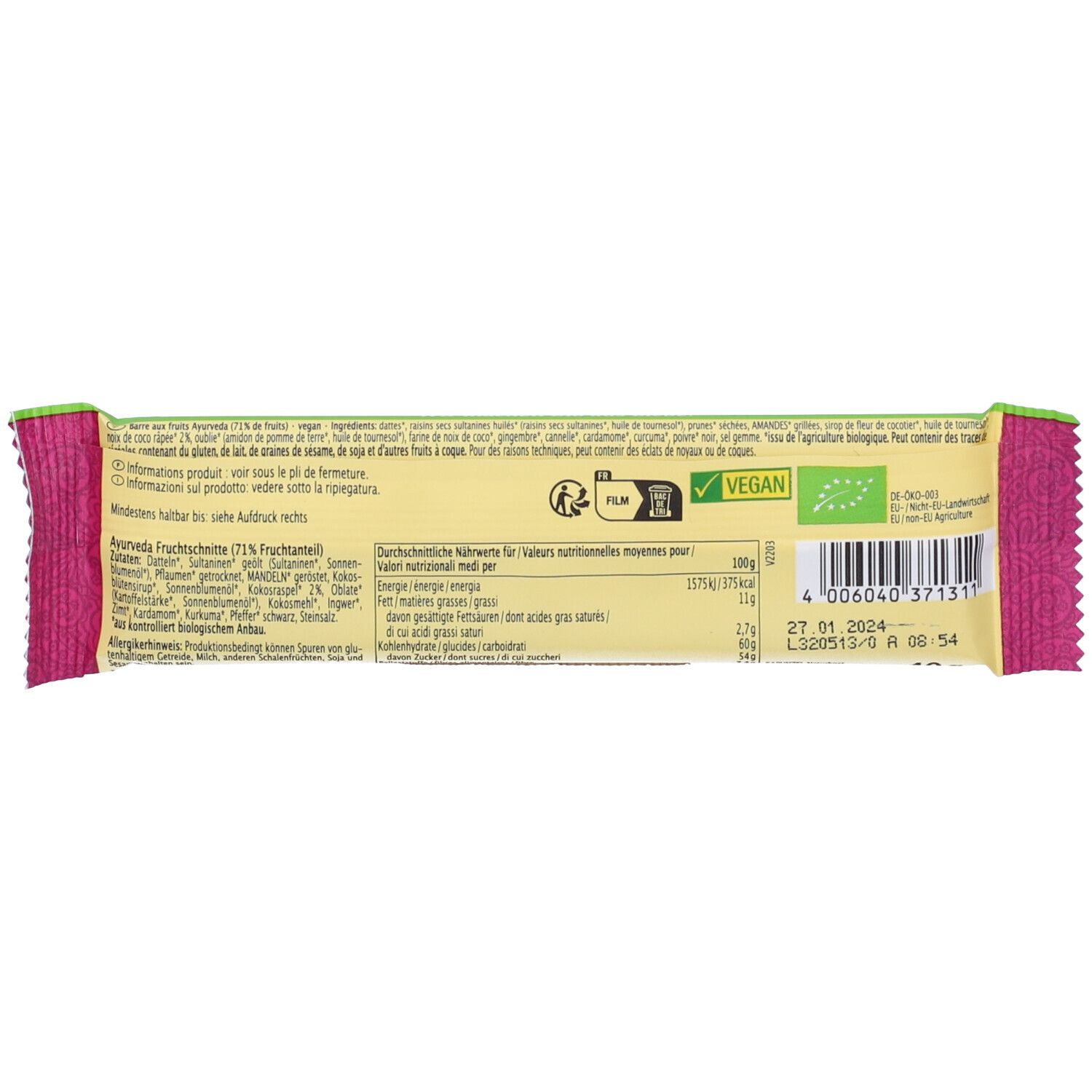 Retro della confezione della barretta. Testo con informazioni nutrizionali e ingredienti. Sigillo vegano e bio.