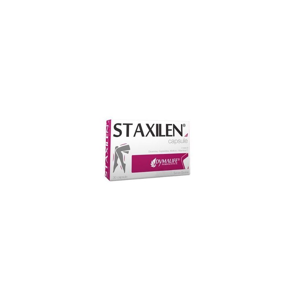 Scatola di capsule Staxilen. Bianca con accenti rosa. Scritta: STAXILEN capsule.