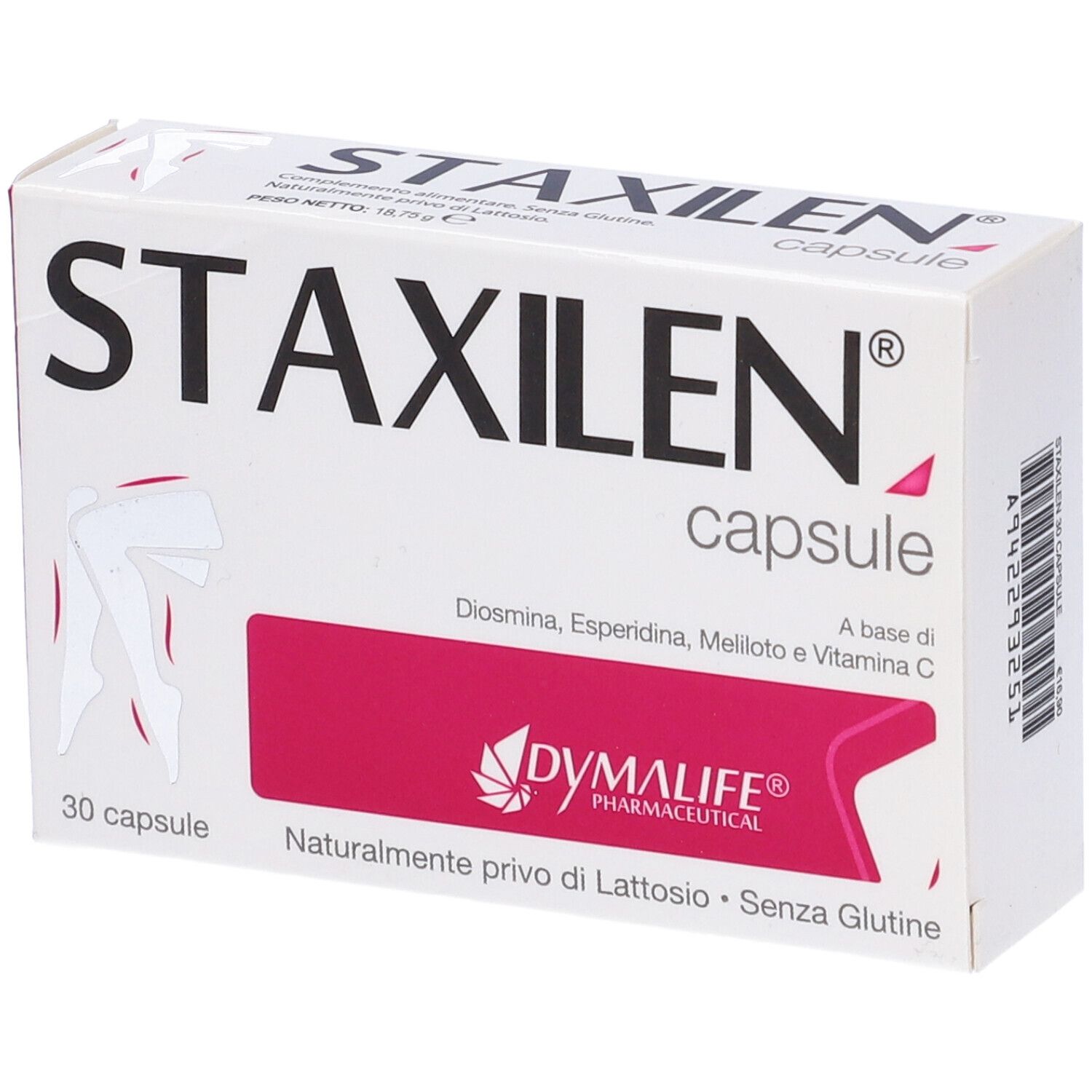 Confezione di capsule Staxilen. Bianco con accenti rosa. Scritta: STAXILEN capsule. 30 capsule.