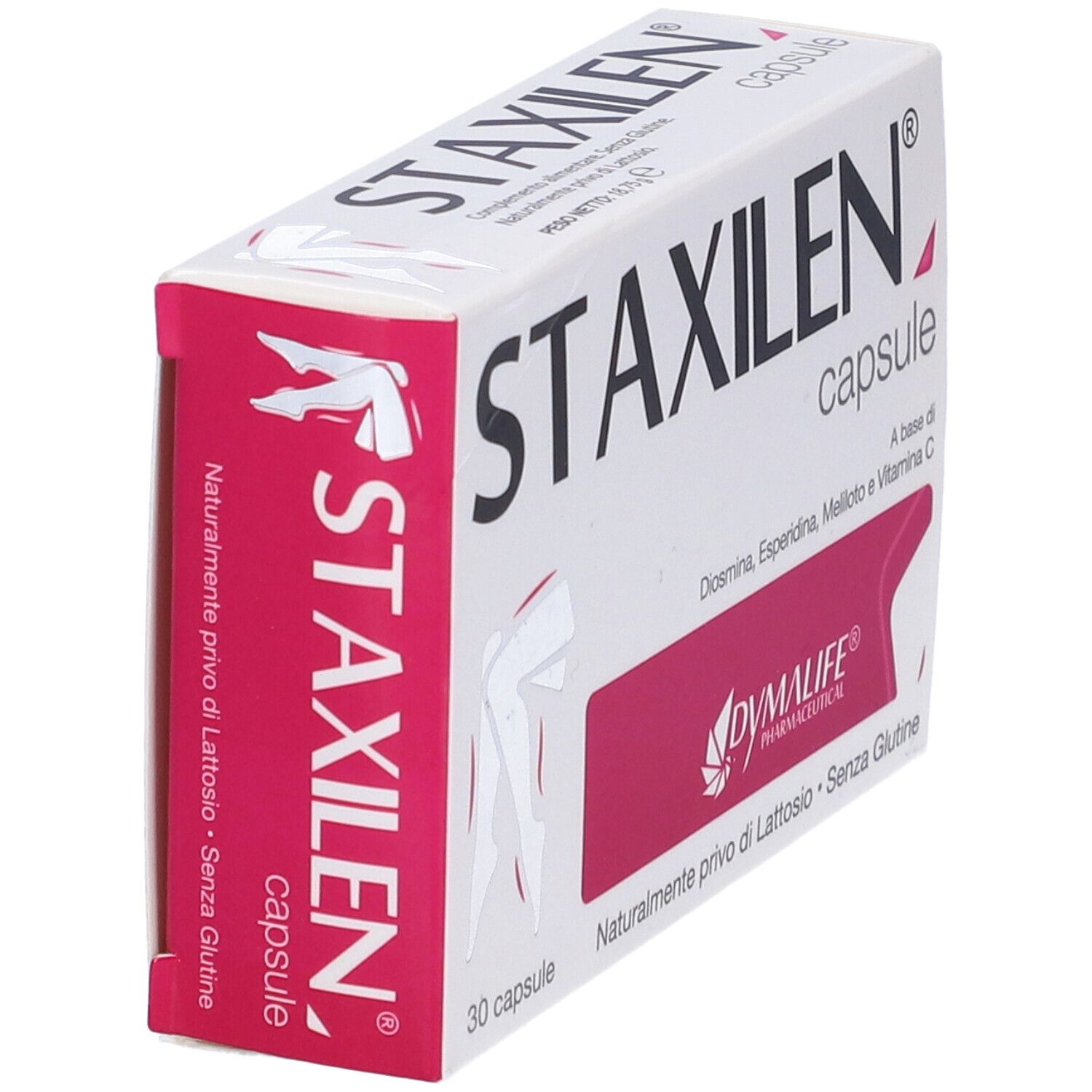 Confezione di capsule Staxilen. Bianco con accenti rosa. Scritta: STAXILEN capsule. 30 capsule.