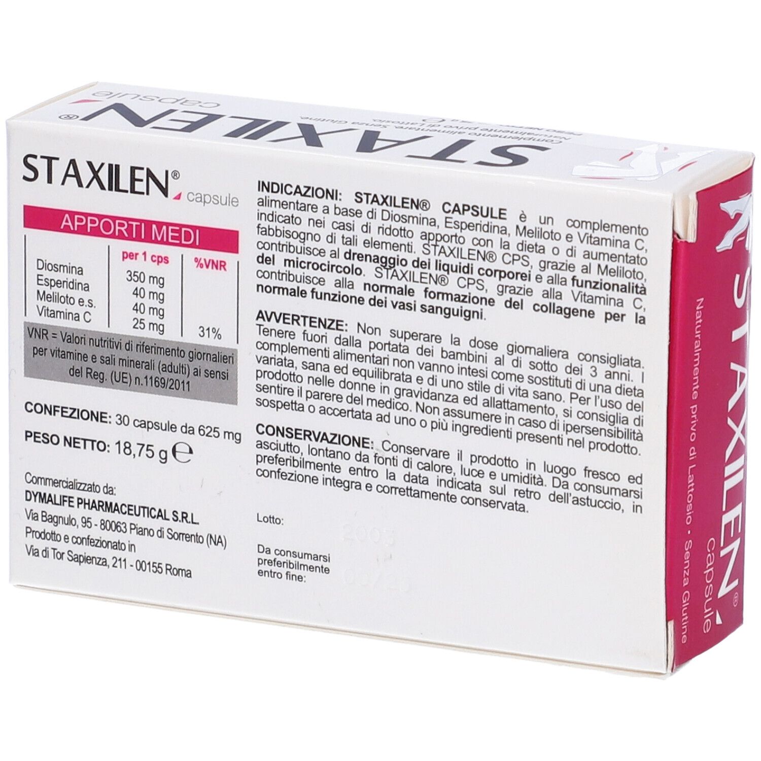 Confezione di capsule Staxilen. Bianco con accenti rosa. Scritta: STAXILEN capsule. 30 capsule. Retro con testo.
