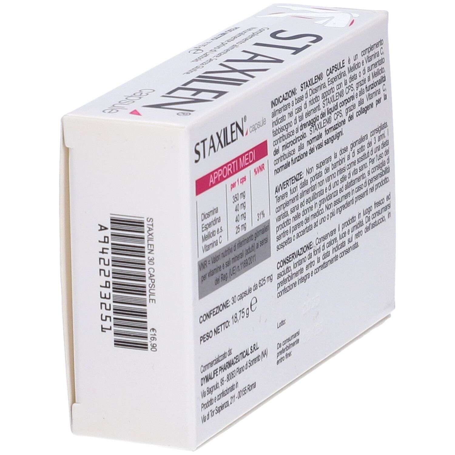 Confezione di capsule Staxilen. Bianco con accenti rosa. Scritta: STAXILEN capsule. 30 capsule. Retro con testo.