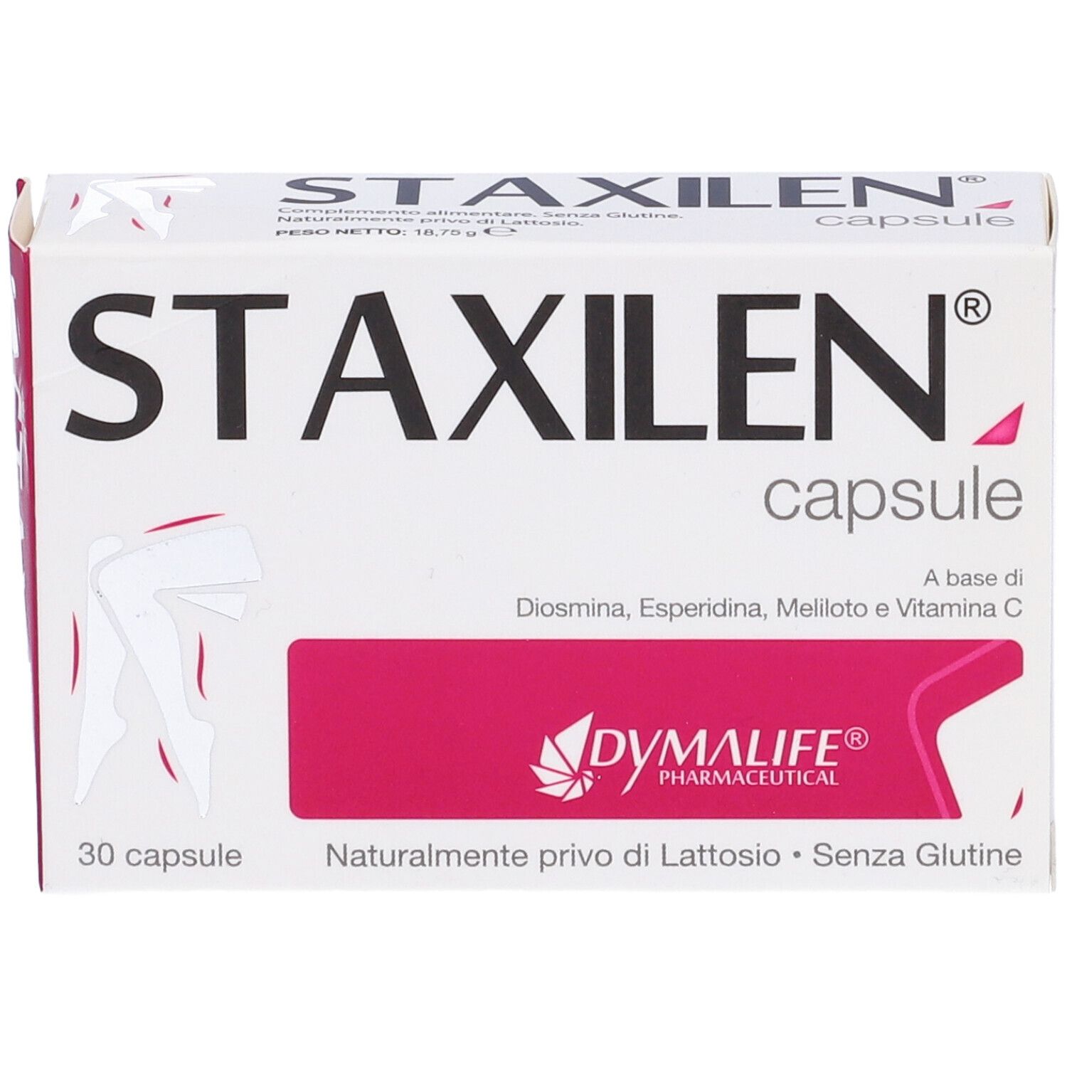Confezione di capsule Staxilen. Bianco con accenti rosa. Scritta: STAXILEN capsule. 30 capsule.