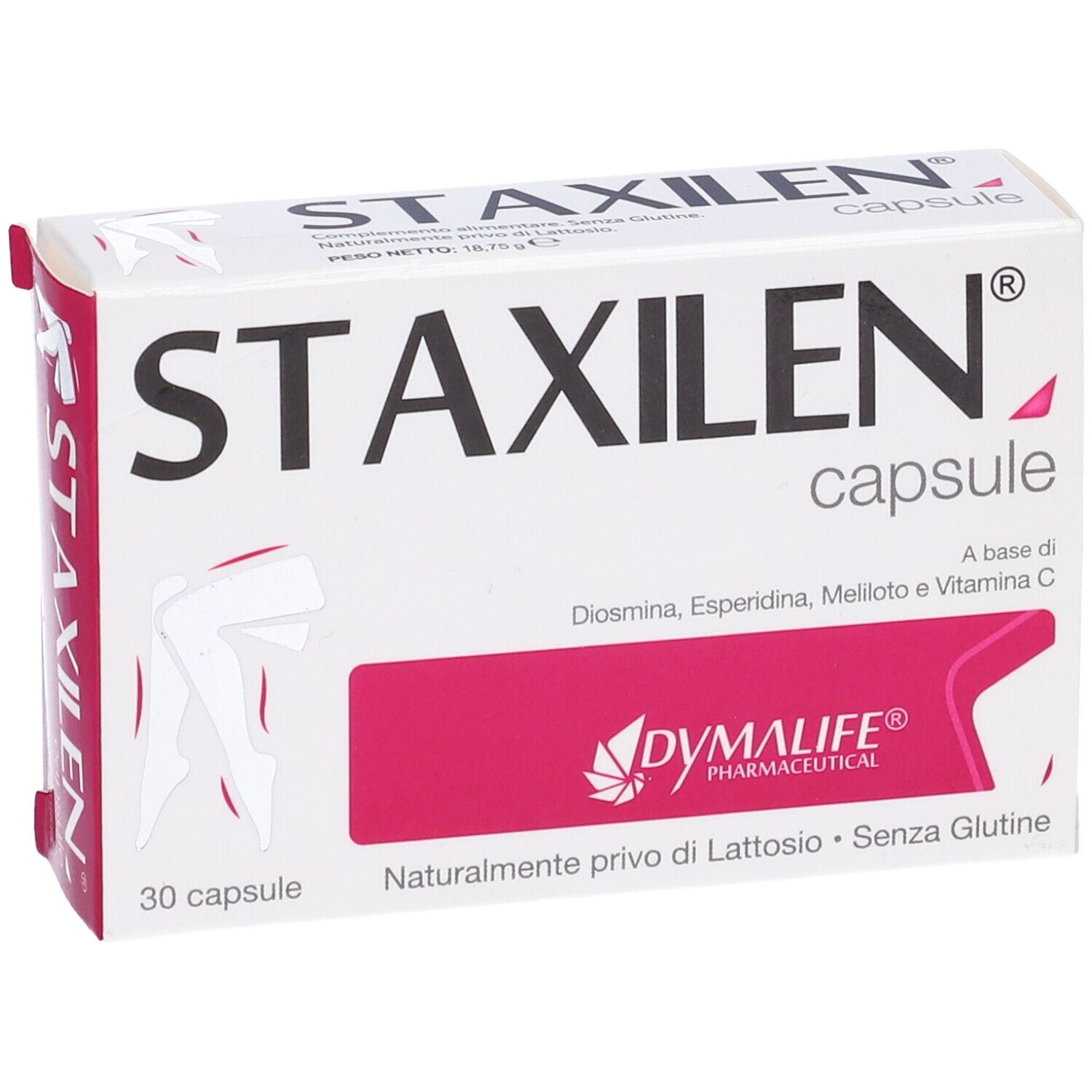 Confezione di capsule Staxilen. Bianco con accenti rosa. Scritta: STAXILEN capsule. 30 capsule.